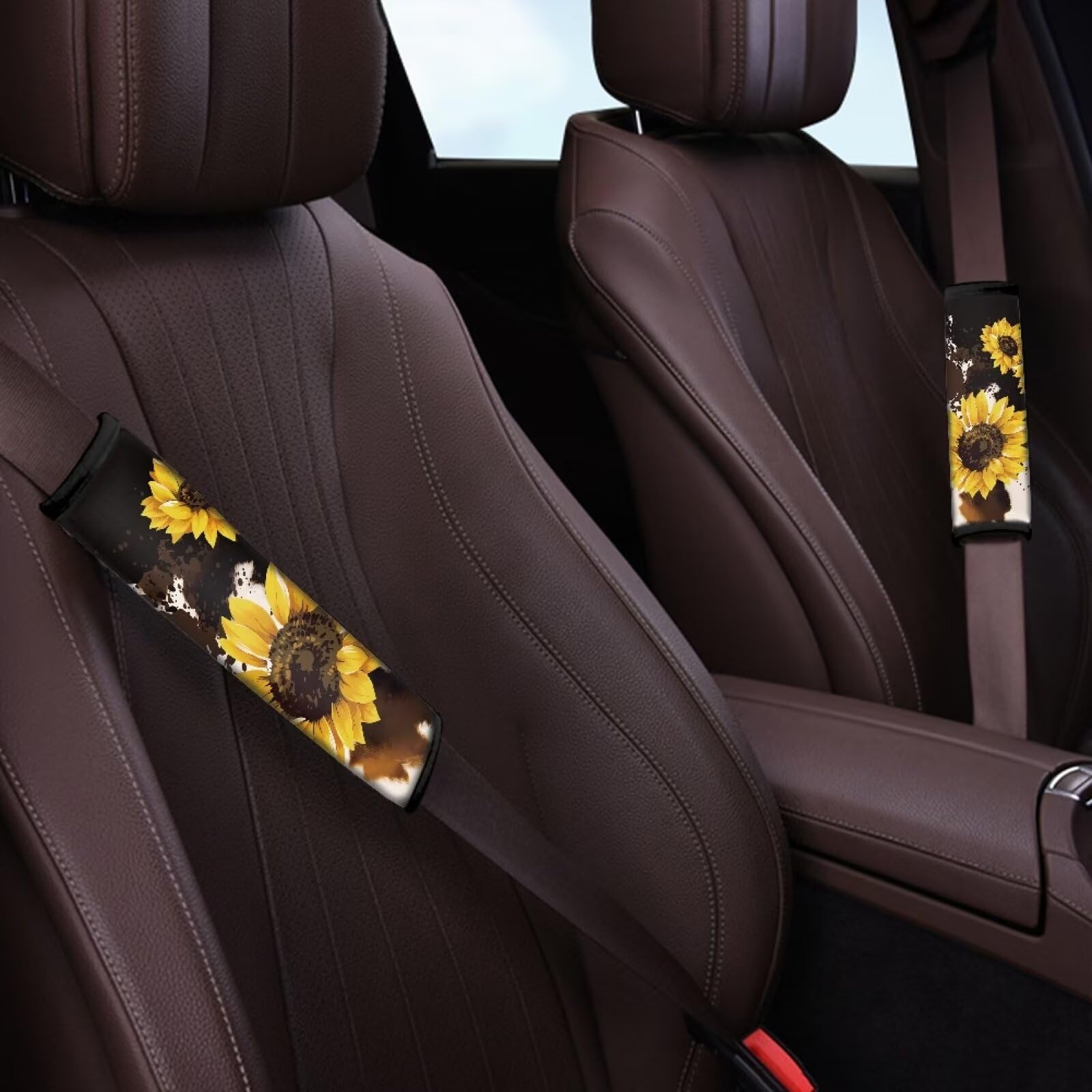 For U Designs Kids Seatbelt Cover Universal Fit 2 Pcs Seat Belt Cover Pad For Adults Cow & Sunflower Print Auto Seat Strap Cover