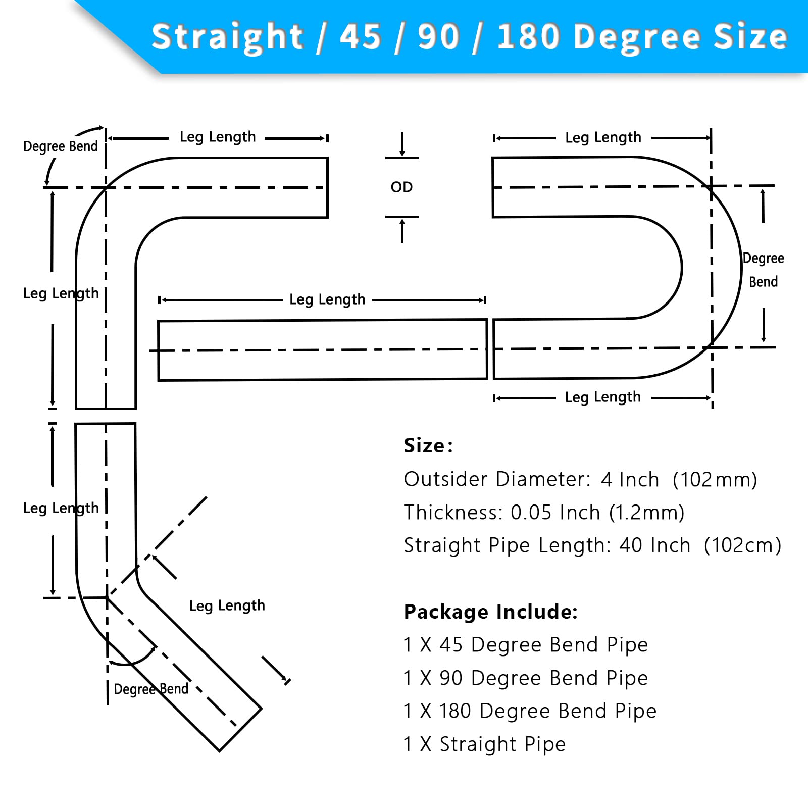 FGJQEFG 4 Inch DIY Custom Mandrel Exhaust Pipe Tube Pipe, 40 Inch Straight Pipe, 4''OD Straight & Mandrel Bend Pipe(45/90/180 De