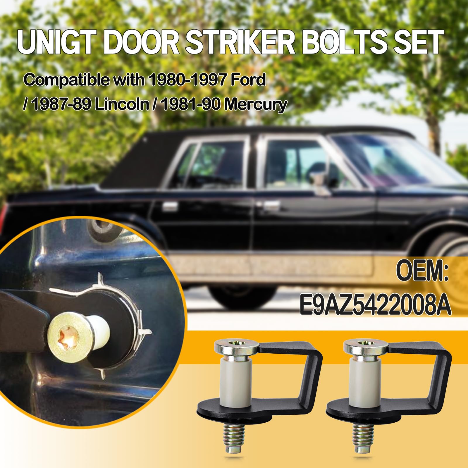 Unigt 2 Pack Door Striker Bolts Set Includes Bushing Compatible With 1980-1997 Ford / 1987-89 Lincoln / 1981-90 Mercury Door Lat