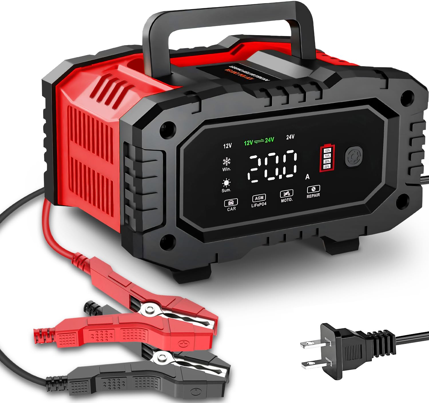 Car Battery Charger 20Amp, 12V 24V LiFePO4 Lead Acid Automatic Smart Battery Maintainer,Trickle Charger Automotive & Desulfator,