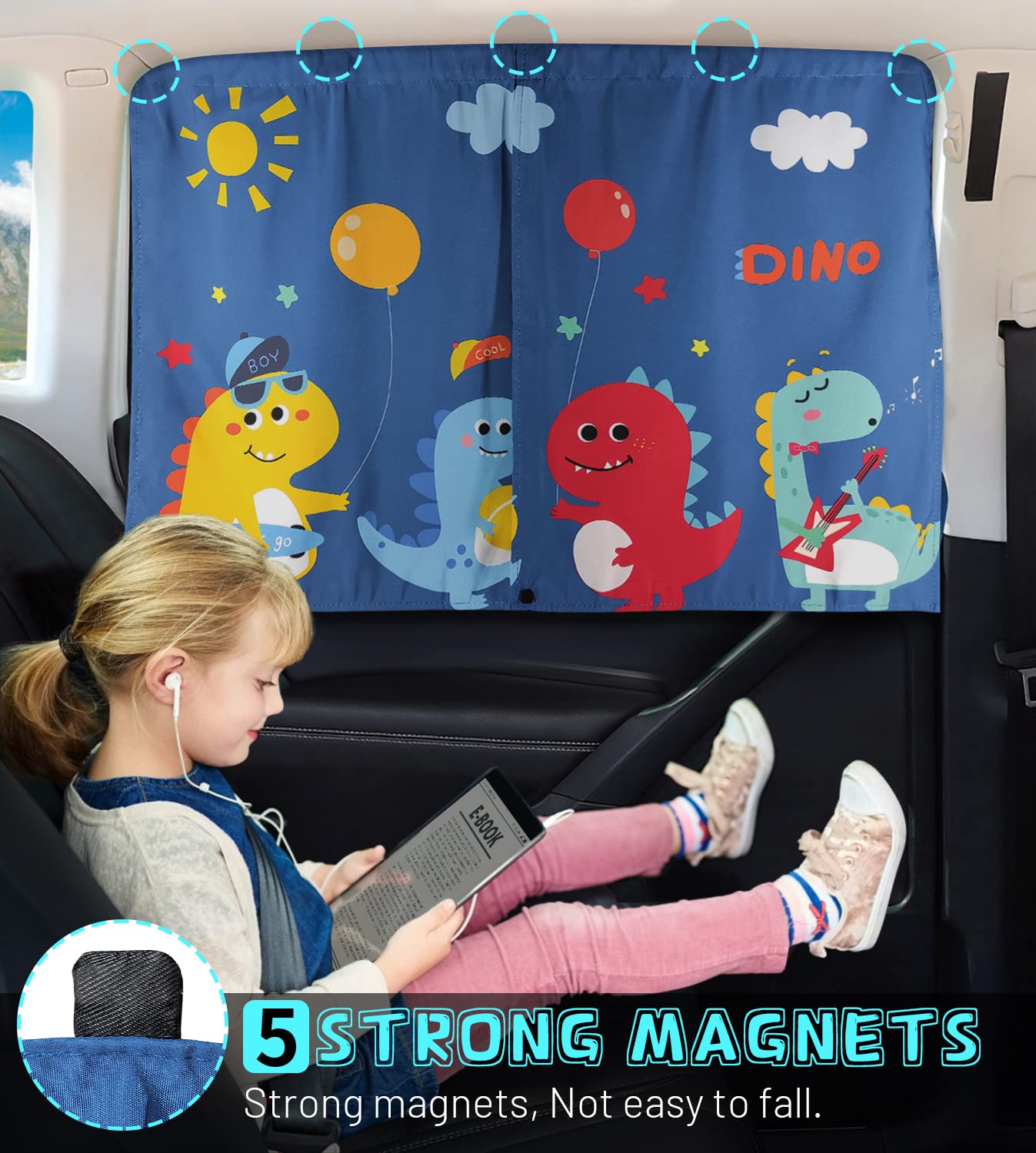 Diza100 Car Window Shades, 2 Pcs Magnetic Double Layer Sun Shade, Side Windows Privacy, Full Covers/Half Shade Options, Cute Din