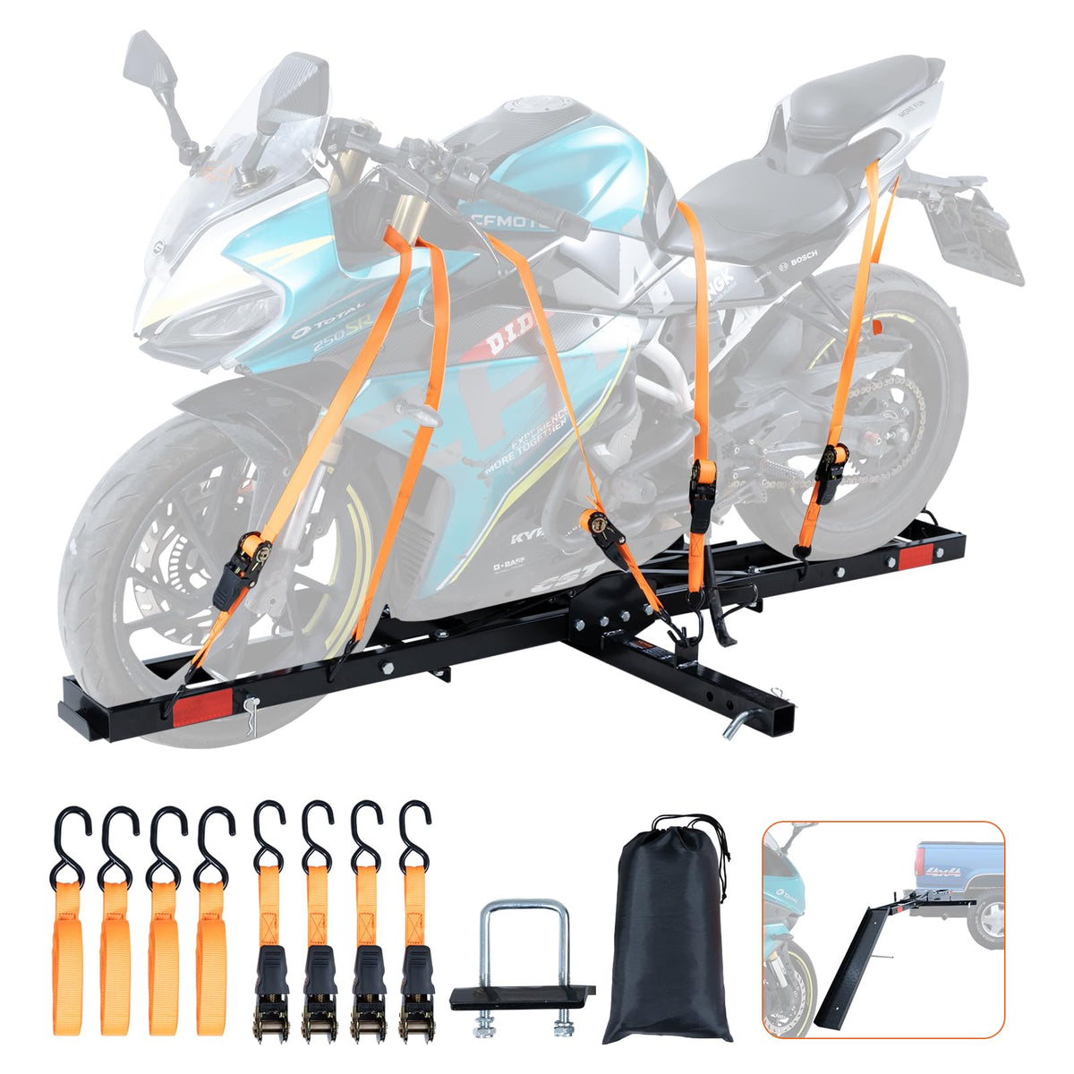 VEVOR Motorcycle Carrier, 600 LBS Steel Motorcycle Carrier Hitch Mount with Loading Ramp, Scooter Dirt Bike Trailer Hauler with 