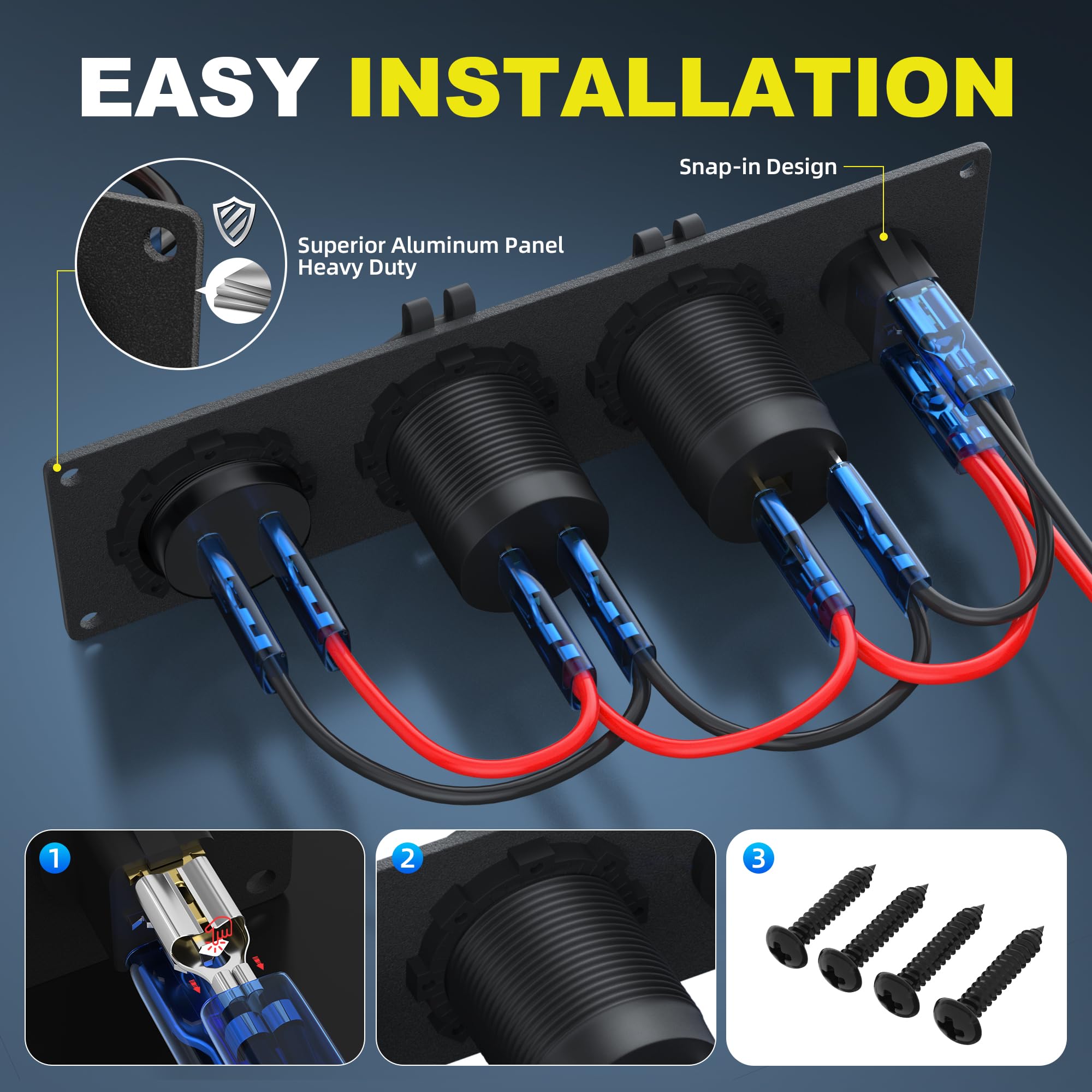 RVMARINEPAT 4 in 1 12V USB Panel with LED Voltmete & Dual USB Charger Socket Power & Cigarette Lighter Socket & Red LED Lighted
