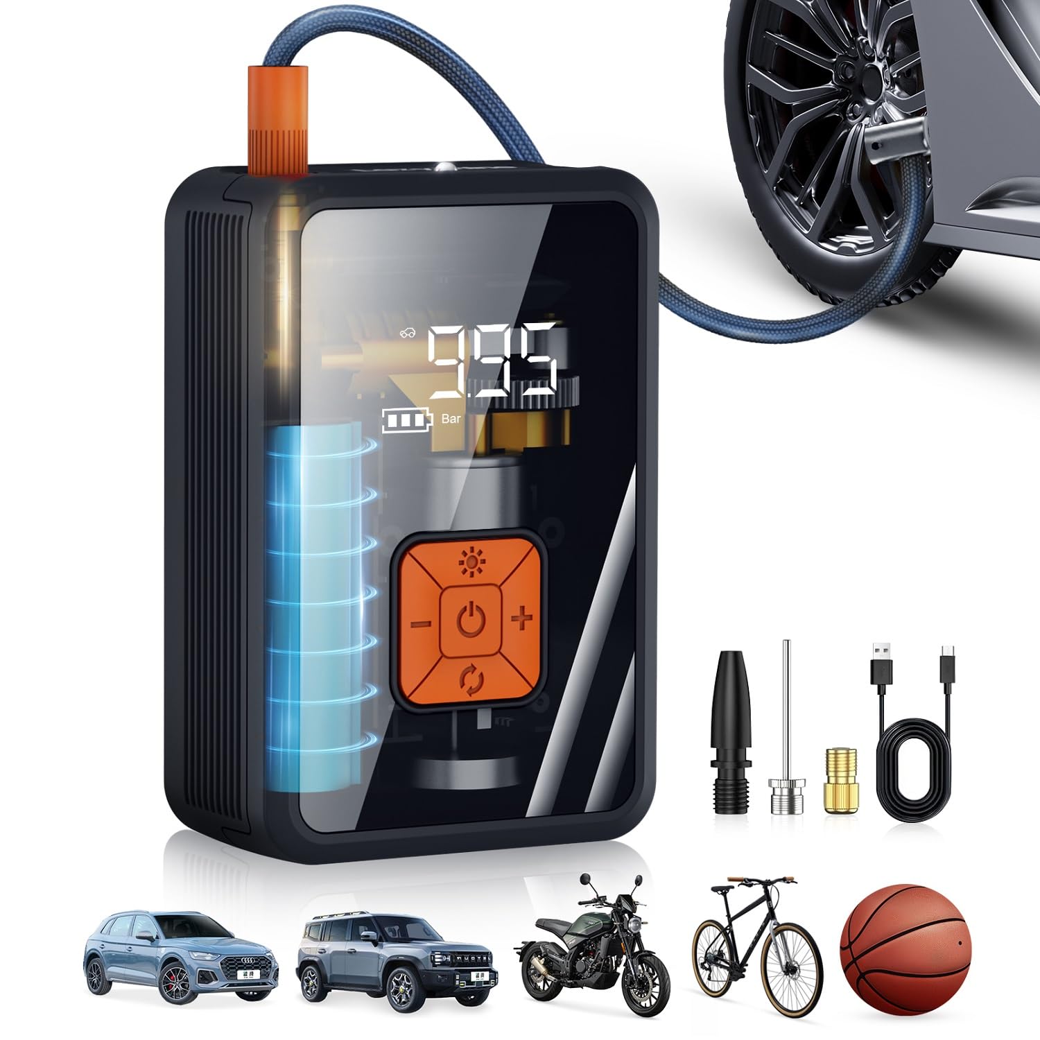 Lazyshine Portable Air Pump For Car Tires, 150 Psi Tire Inflator Cordless With Led Light, Rechargeable Auto Shut-Off Air Compres