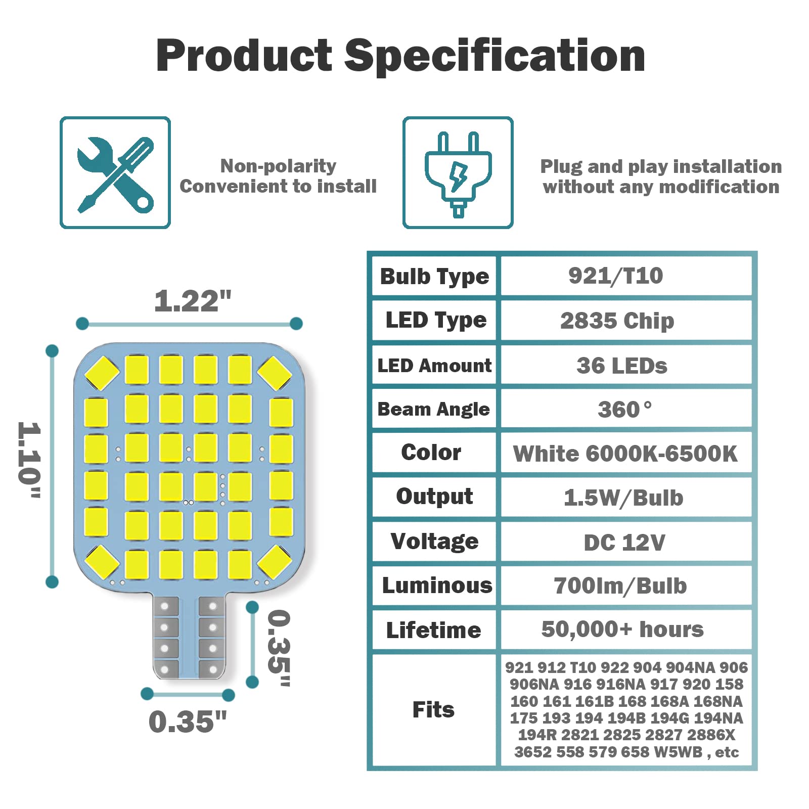 10Pcs T10 921 922 912 194 Rv Interior Led Light Bulbs, Super Bright Led Bulbs Replacement Lighting 36-Smd 2835 6500K Cool White For 12V Rv Camper Trailer Motorhome Boat Dome Car Marine Indoor Light