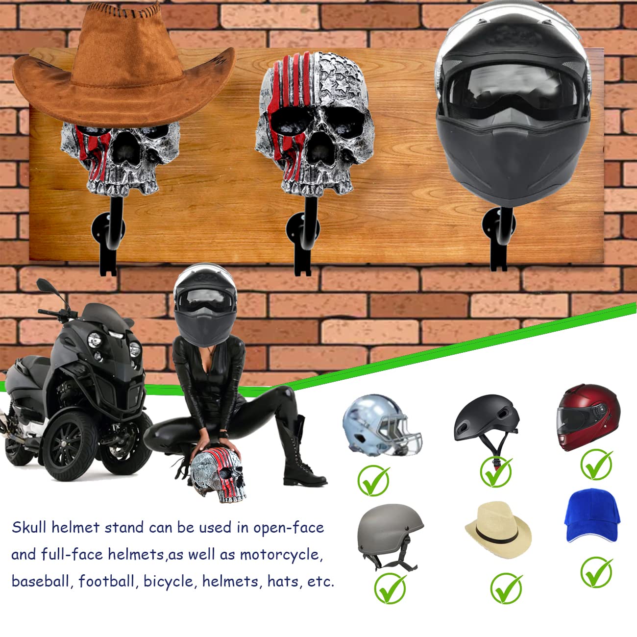 Skull Helmet Holder Motorcycle Helmet Rack, Red Helmet Holder Wall Mount With 2 Hooks Helmet Hanger For Coats, Caps, Baseballs A