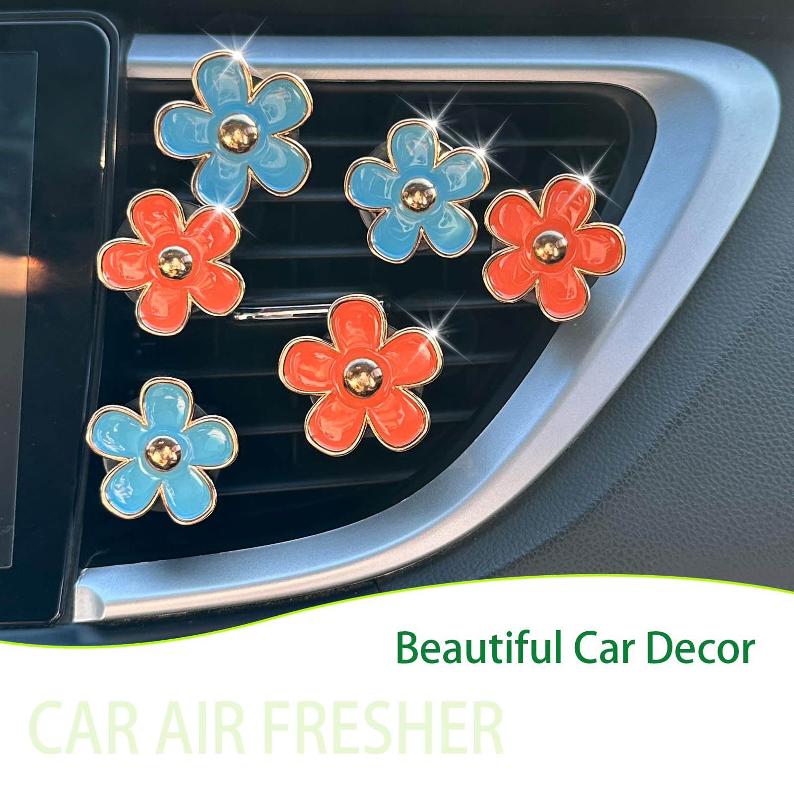 ORIESSE Flower Car Air Freshener Clips, 6pcs Refillable Diffuser Set, Blue Orange Daisy, 3.3cm/3cm, Car Accessories for Women