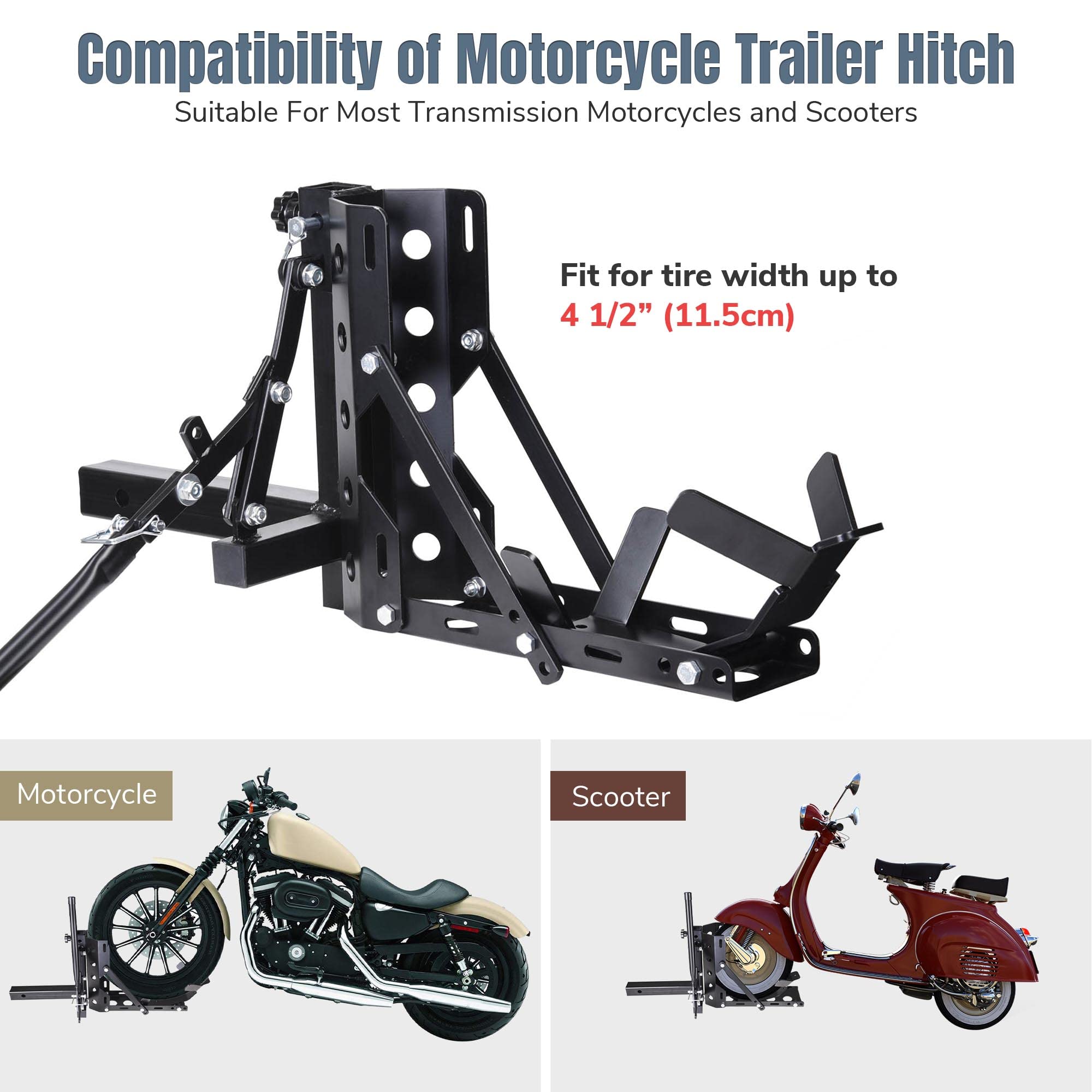 Yescom 800Lb Motorcycle Trailer Hitch 2' Tow Receiver Scooter Carrier Steel Hauler Hitch Mount Rack
