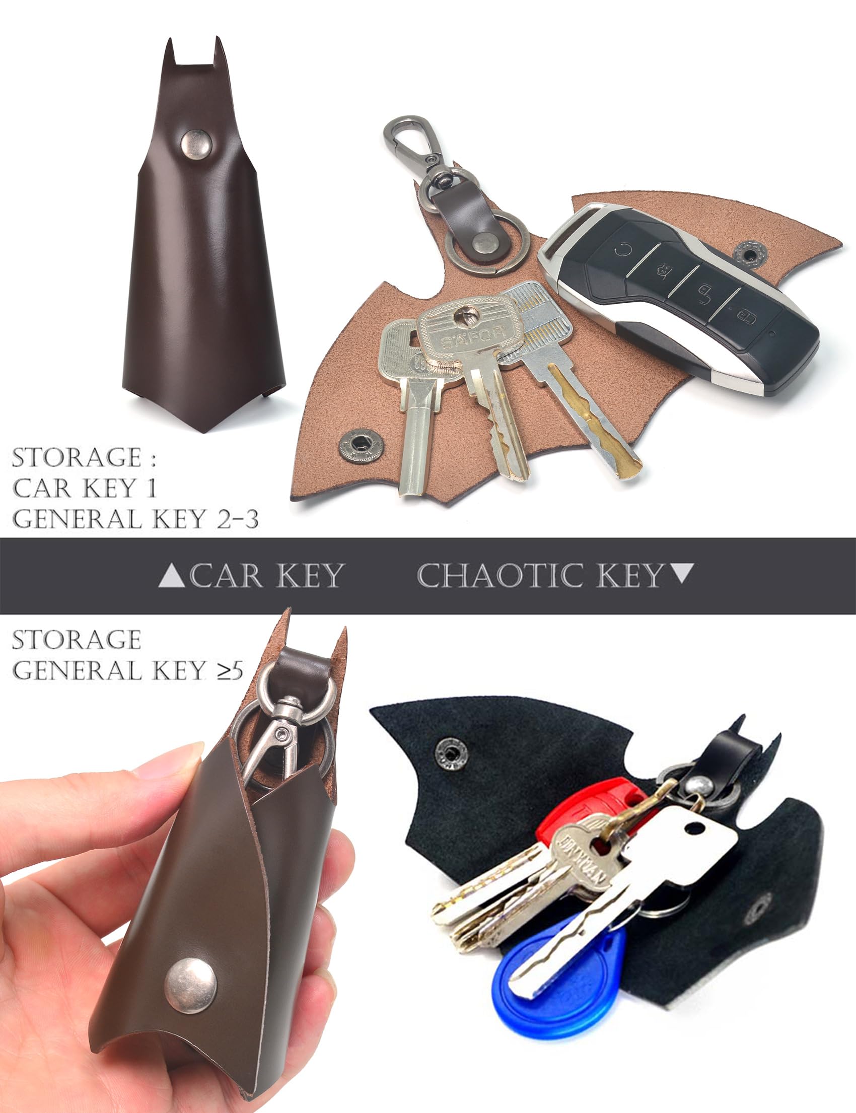 CAILLU KeyChain Leather Bat Shape for men gifts and women Car key fob case,Leather fashion pop keys ring cover holder (Dark brow