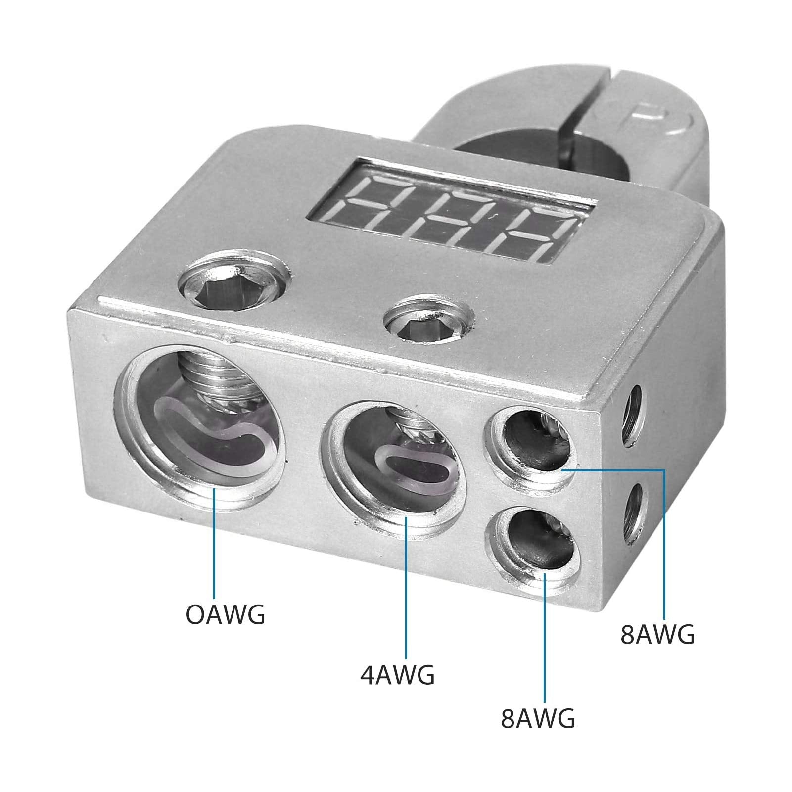 Car Battery Terminal, Car Battery Terminal Connectors Kit With Digital Voltmeter Display Stardand 0/4/8/10 Awg Gauge(B(Sliver))