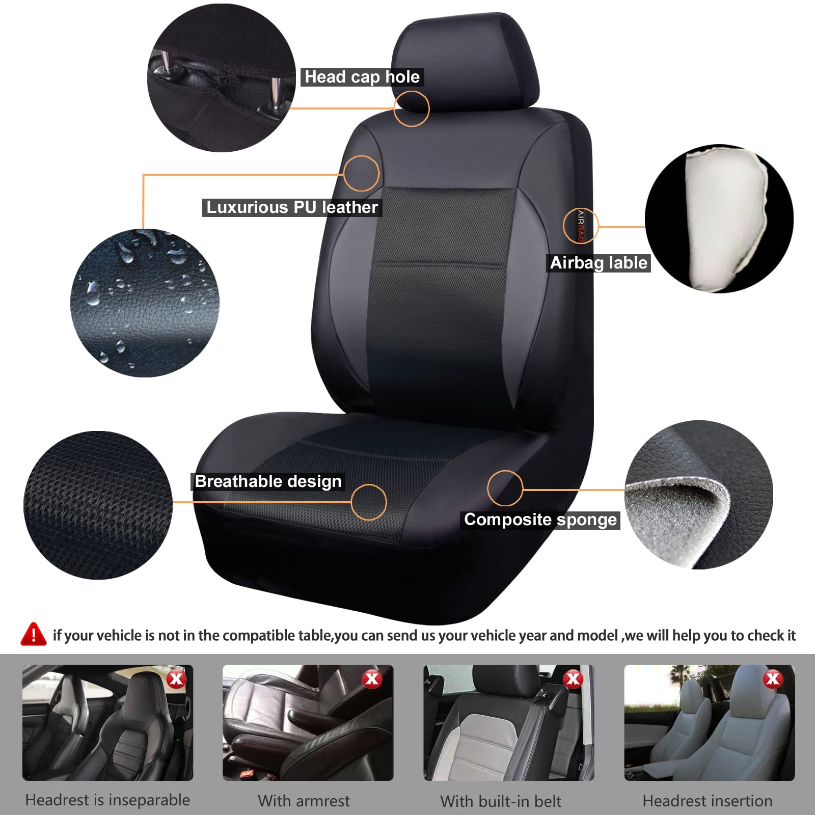CAR PASS Luxury Black Leather Air Mesh Seat Covers Full Set, Breathable Universal Fit for Sedan SUVs Trucks, Airbag Compatible