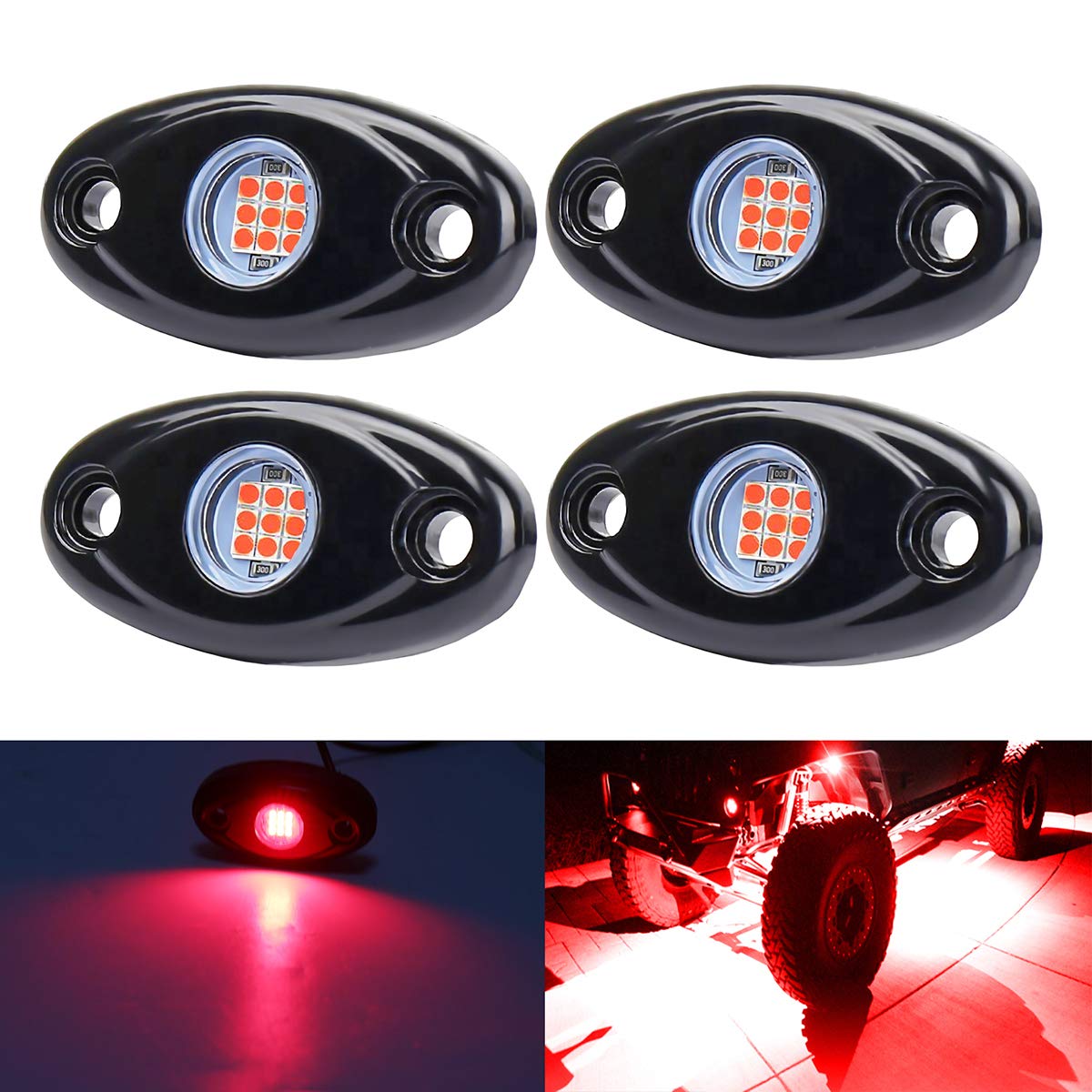 Red Led Rock Lights, 4 Pods Neon 12V Waterproof Underglow Underbody Kit Crawler Crawling Dome Exterior Wheel Lights For Atv Rzr