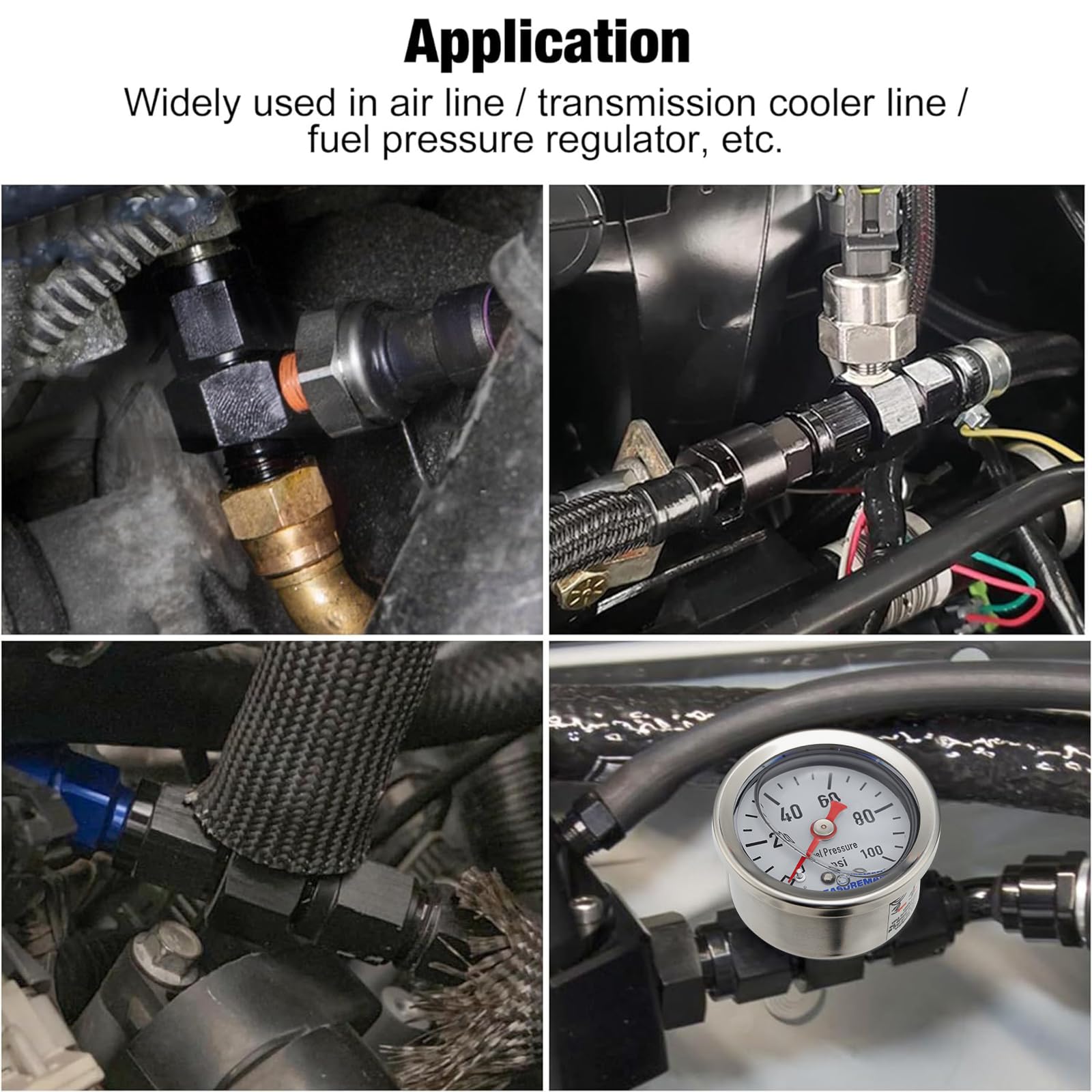 Measureman 0-100Psi Stainless Steel Glycerin Filled Fuel Pressure Gauge, 1-1/2'' Dial Size, With 6An Fuel Pressure Take Off Fitt