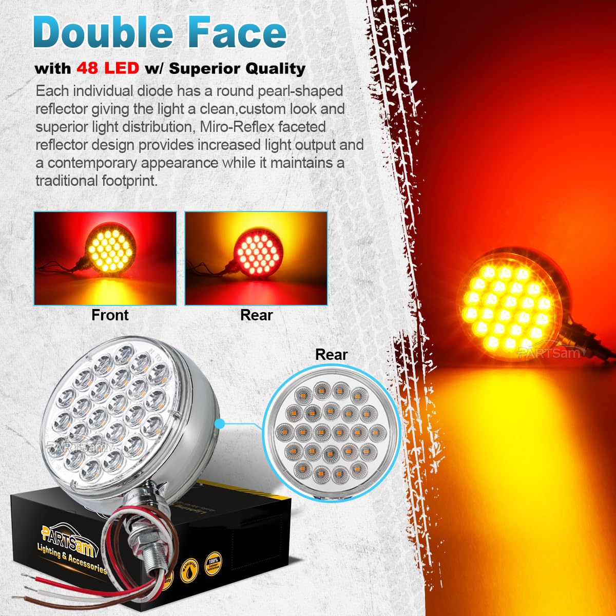 Partsam 2Pcs Double Face Round Led Pedestal Lights Fender Stop Turn Signal Tail Brake Lights Clear Lens 48 Led Post Mount Semi T