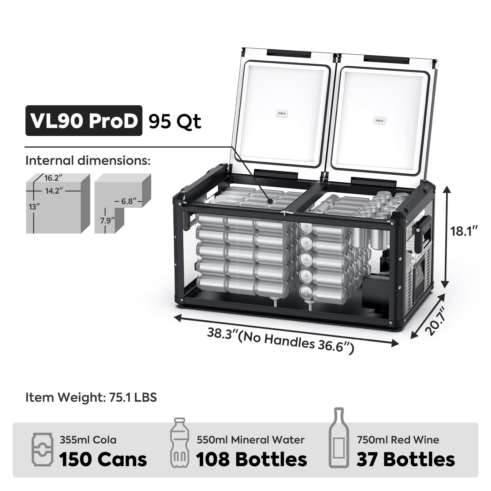 ICECO VL90 ProD Portable Refrigerator - 90L Dual Zone, Steel, Black, AC/DC Power, Multi-directional Lid, Home & Car Use