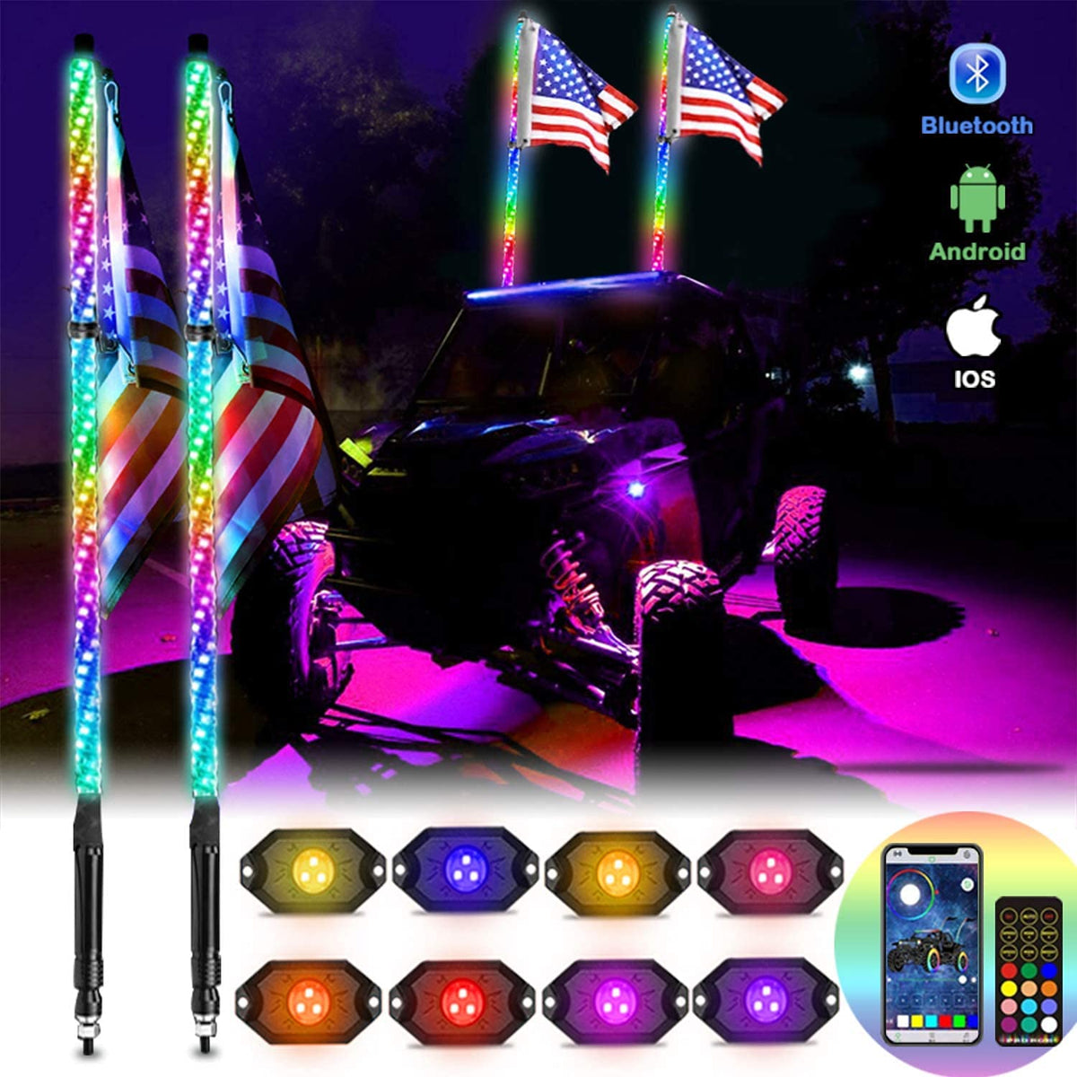 OHMU 2Pcs 3FT LED Whip Lights and 3rd-Gen Rock Lights Kit with Bluetooth and Remote Control 360 Spiral Chase RGB 8 Pods Neon Lig