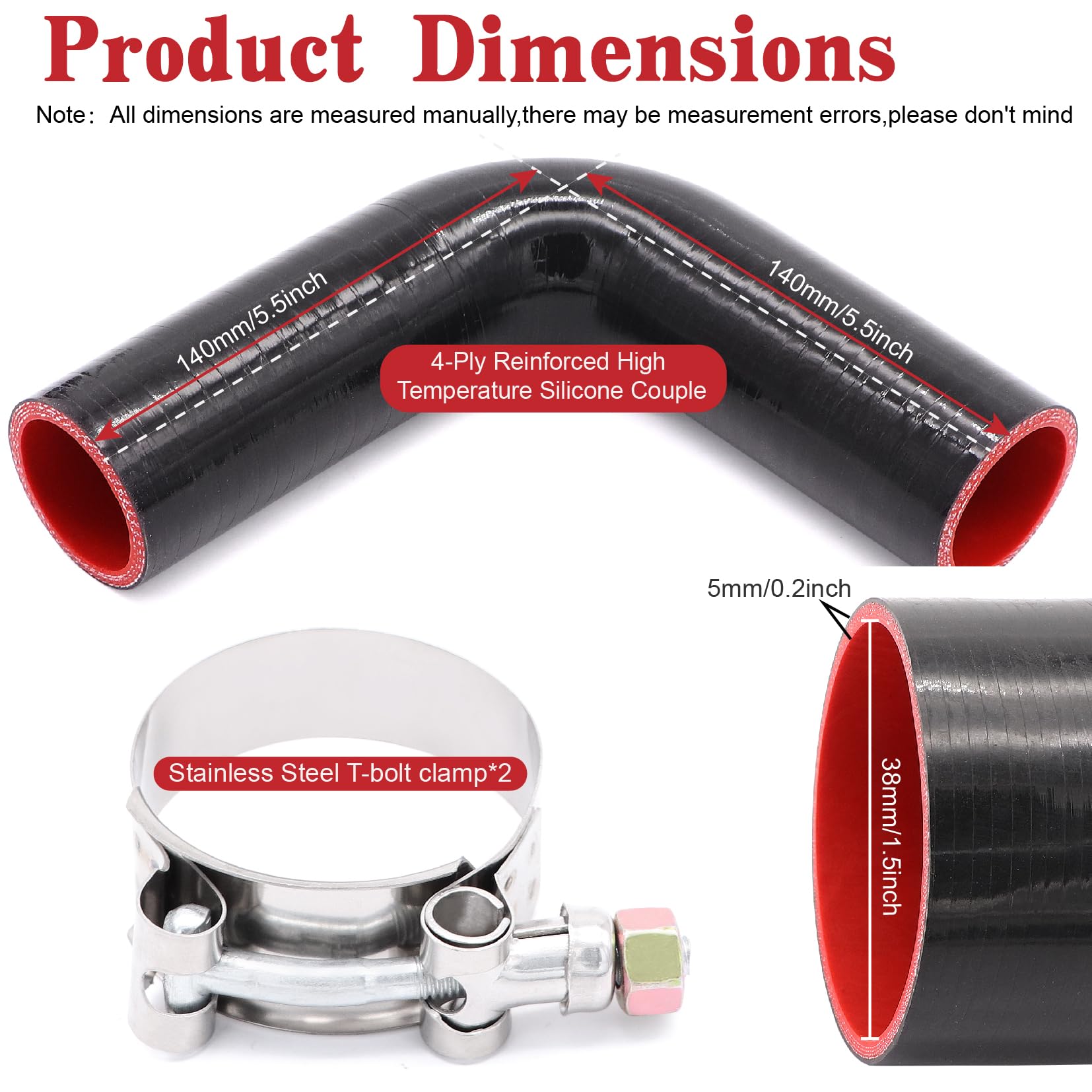 Taukealugs 90 Degree Elbow Coupler Silicone Hose 4-Ply 1.5-Inch(38Mm) For Turbo/Intercooler/Intake Piping,Length 120Mm Thickness