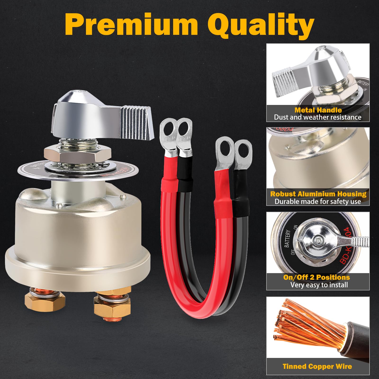 12-48V 200A Master Battery Disconnect Switch & 4 Awg 1Ft Battery Cables Set, High Current Battery Power Cutoff Killer Switch For