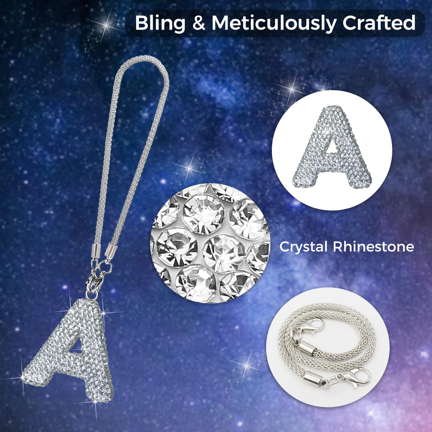 Hitluste Bling Car Letter Charm, Rear View Mirror Ornament Cute Hanging Crystal Pendant Bling Car Accessories, Lucky Diamond Rhi