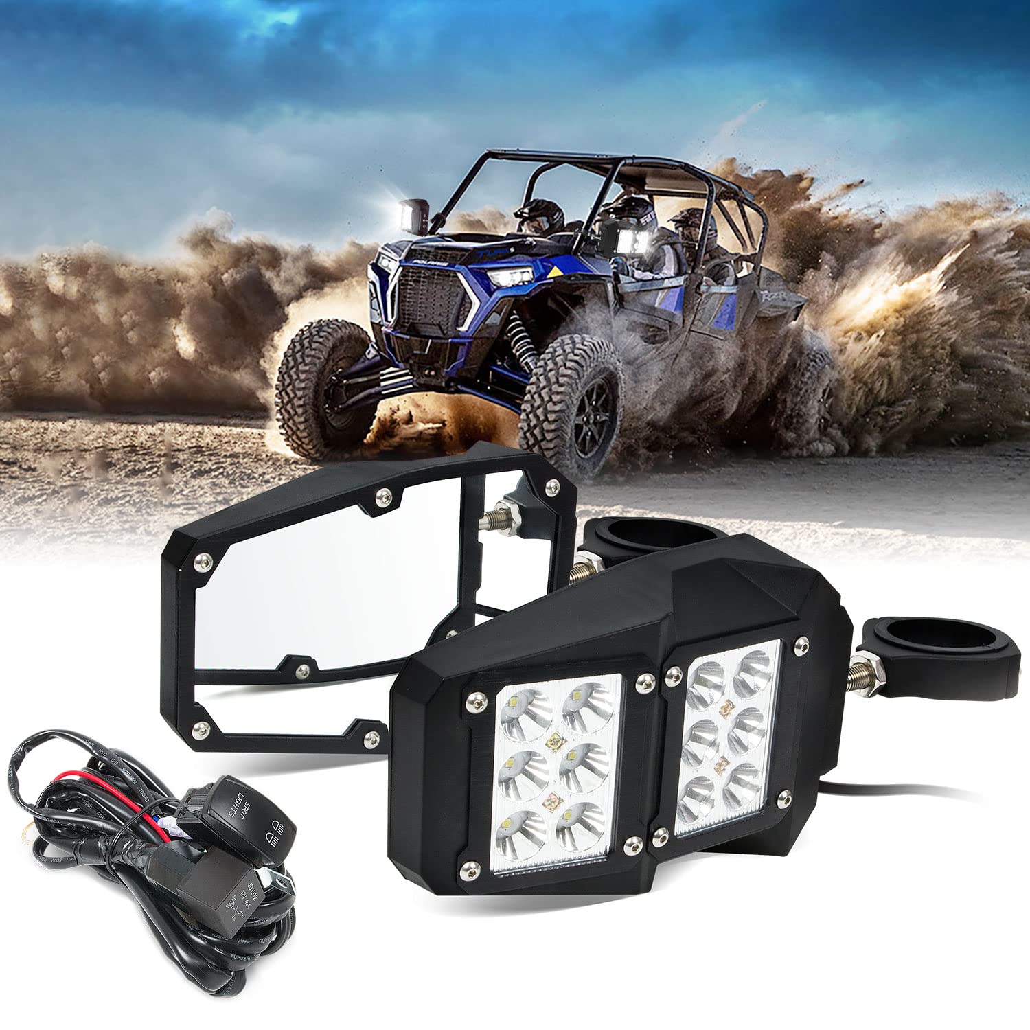 Utv Offroad Led Spot Light Side Rear View Mirrors For 1.75-2 Inch Roll Bar Cage Compatible With Polaris Rzr Xp 900 1000 Can Am X3 Yamaha Rhino Honda Pioneer Talon Kawasaki Teryx Include Light Switch