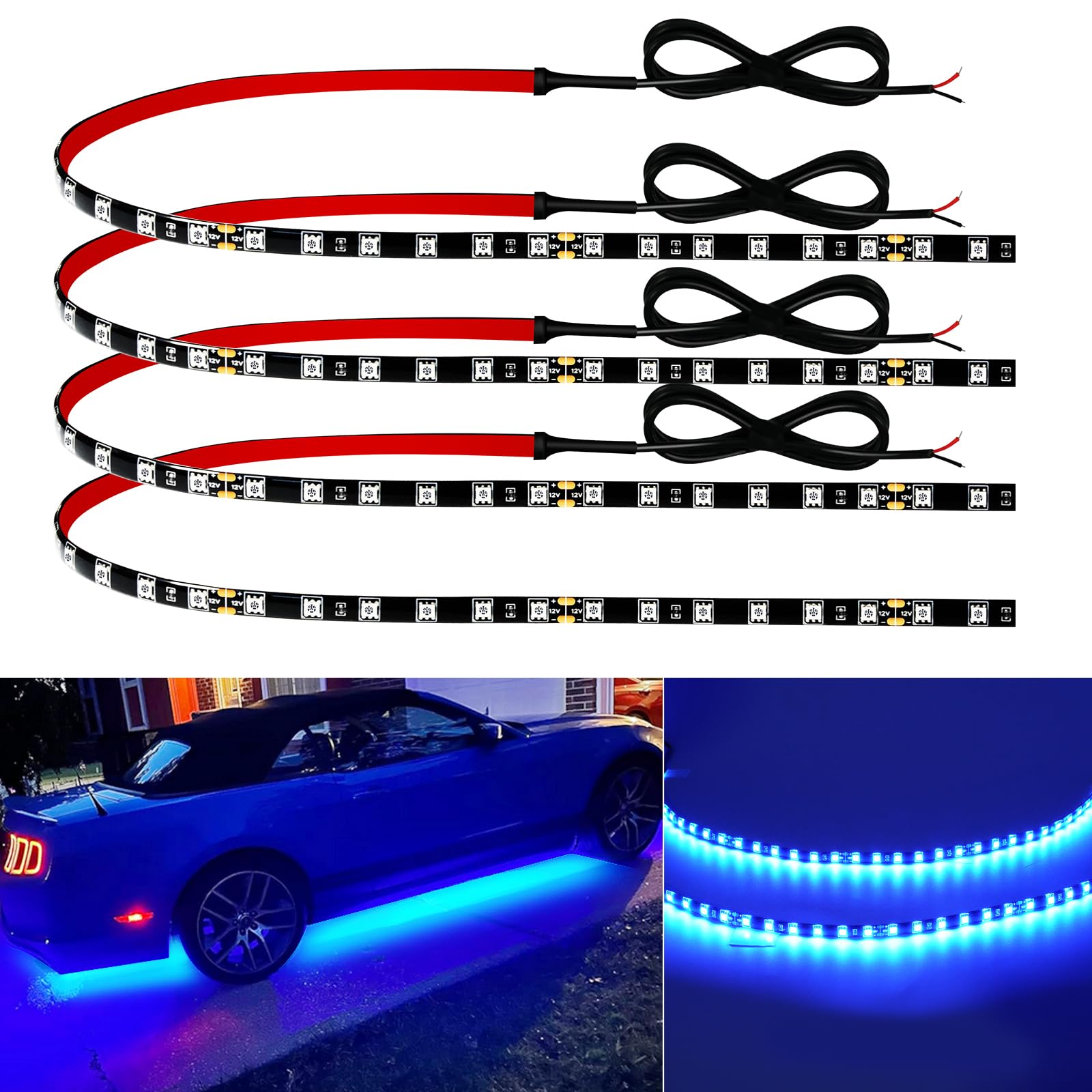 Car Led Strip Lights 24' Connectable Blue Led Light Strips For Cars Interior Lights Boat Marine Golf Cart Trucks Waterproof Led Strip 12V, 4Pack