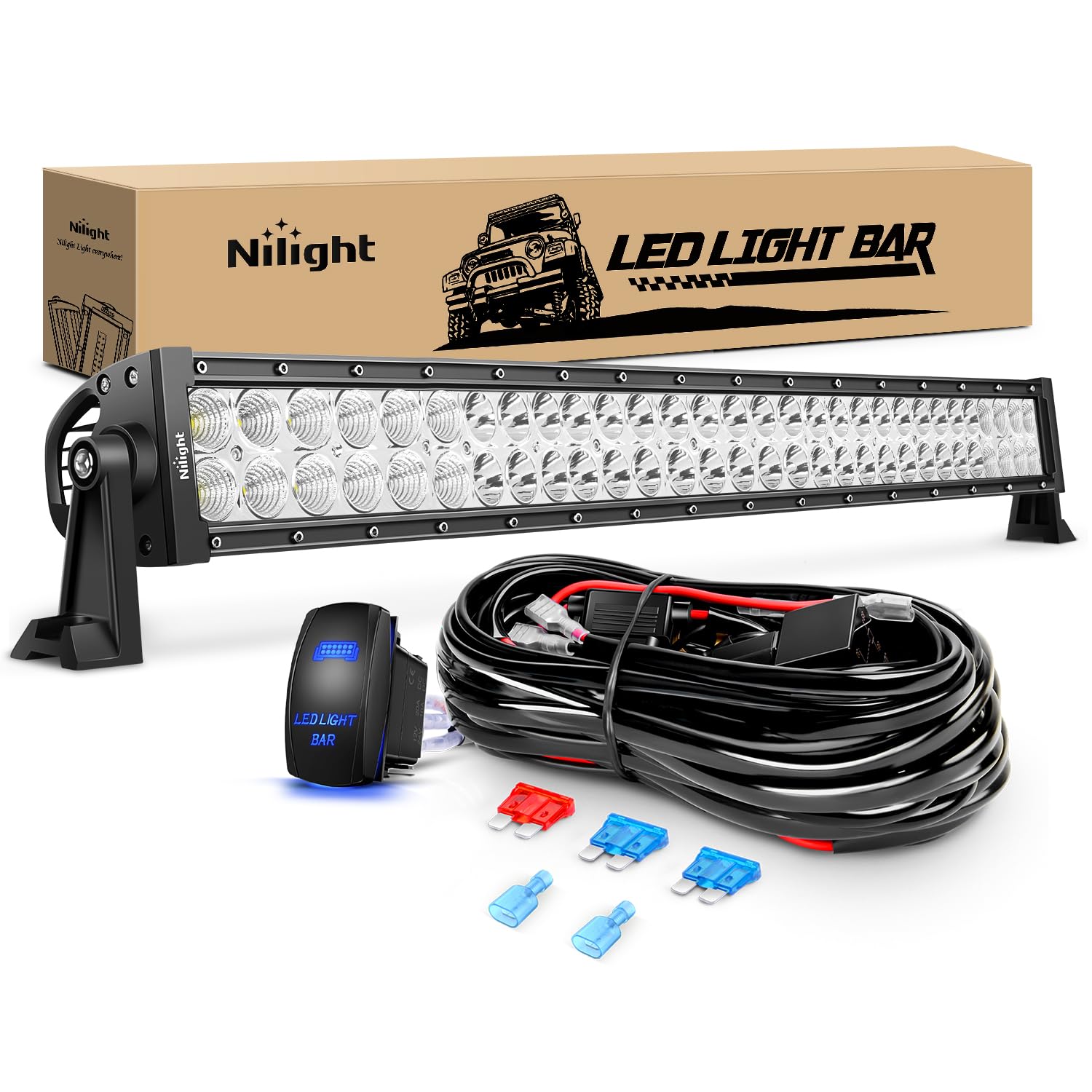 Nilight Led Light Bar 32Inch 180W Spot Flood Combo Led Off Road Lights 12V 5Pin Rocker Switch Led Light Bar Wiring Harness Kit,
