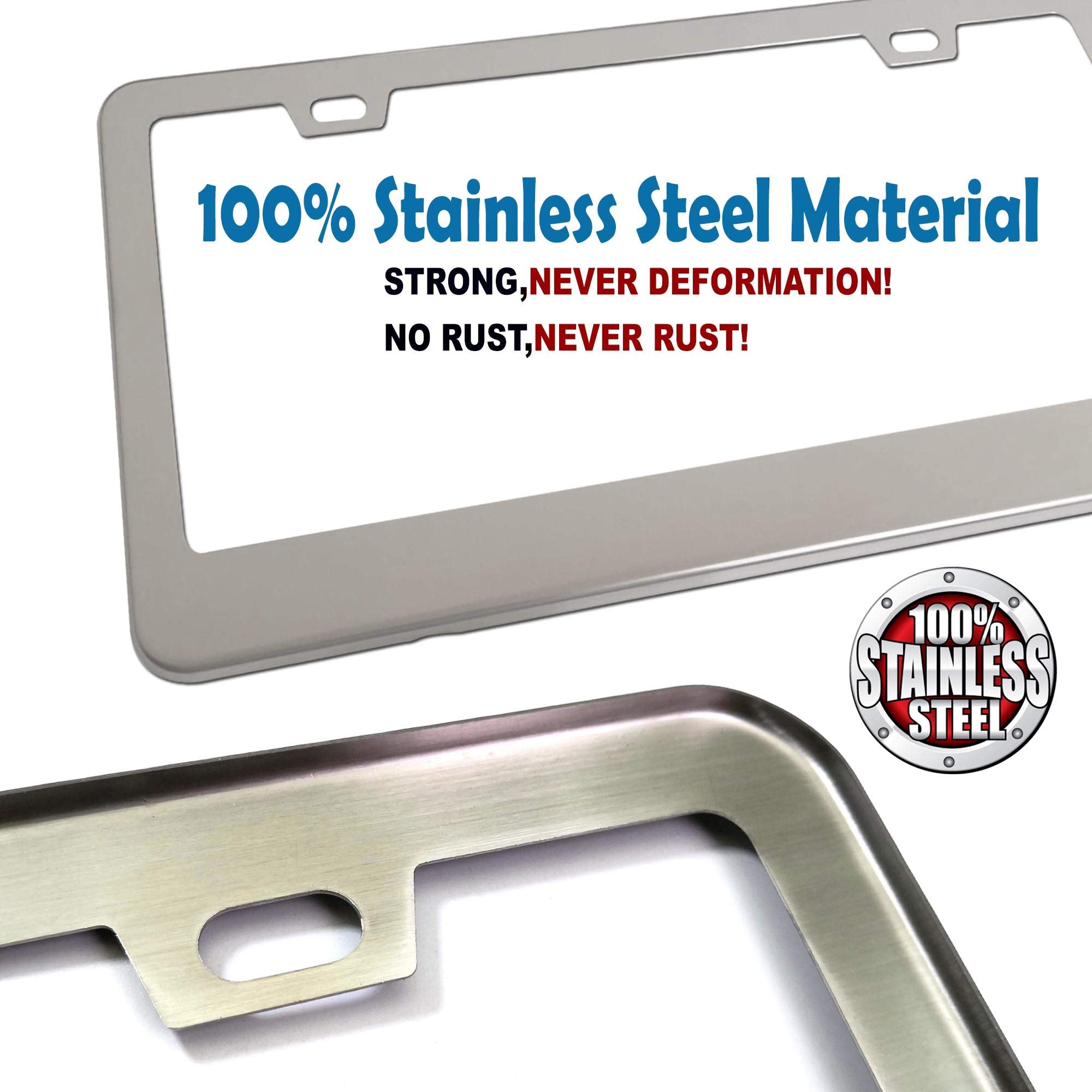 Bggtmo Stainless Steel License Plate Frames- Heavy Duty Metal Car Tag Cover For Front & Rear, 2 Pack Slim Holders With Chrome Screws Caps For Women/Men, Rust/Rattle Proof Pads, Tire Valve Stem Caps