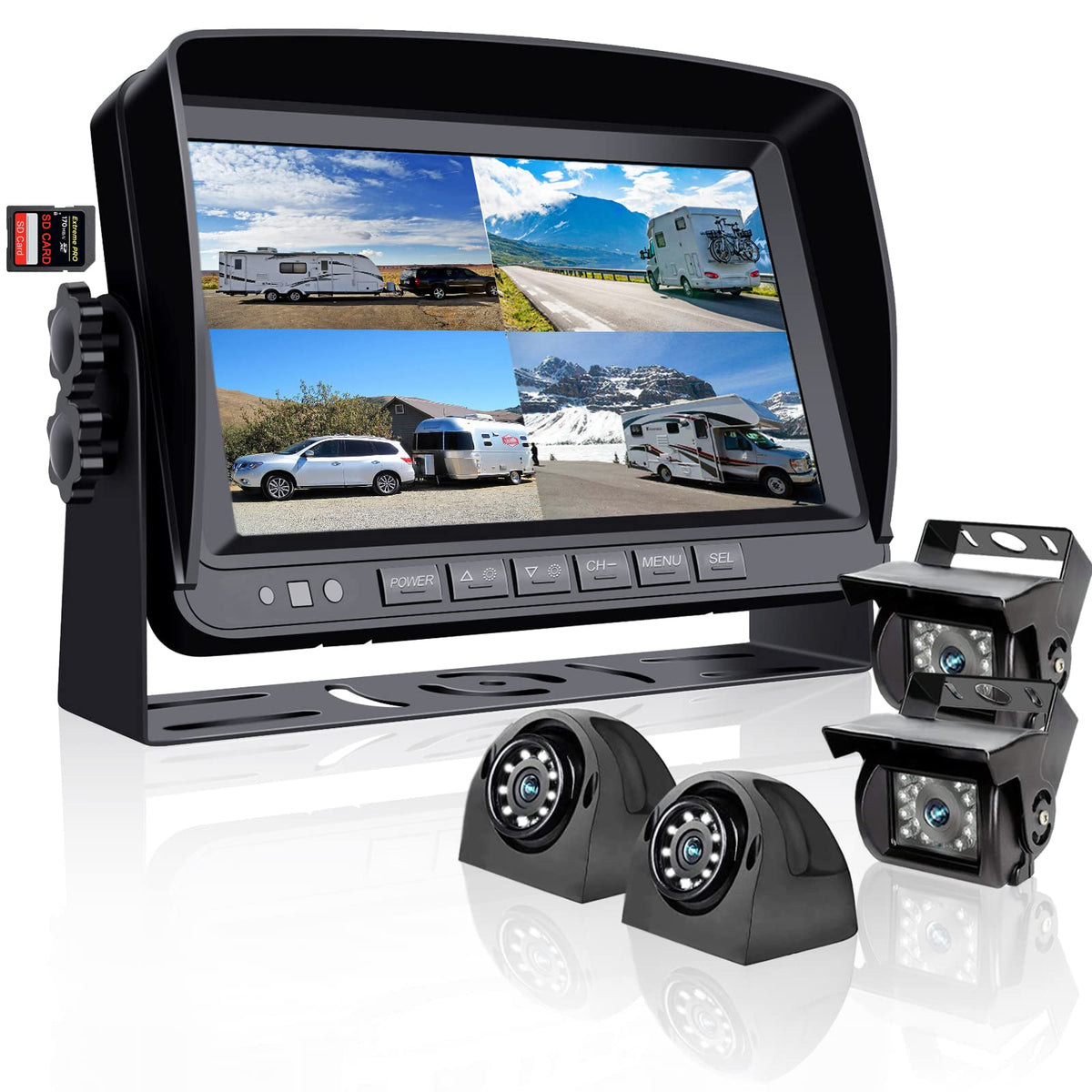 Rvinwest Backup Camera System With 9'' 1080P Monitor Wired For Rv Car Truck Trailer Camper, 4 Split Screen Quad View Hd Dvr Reco