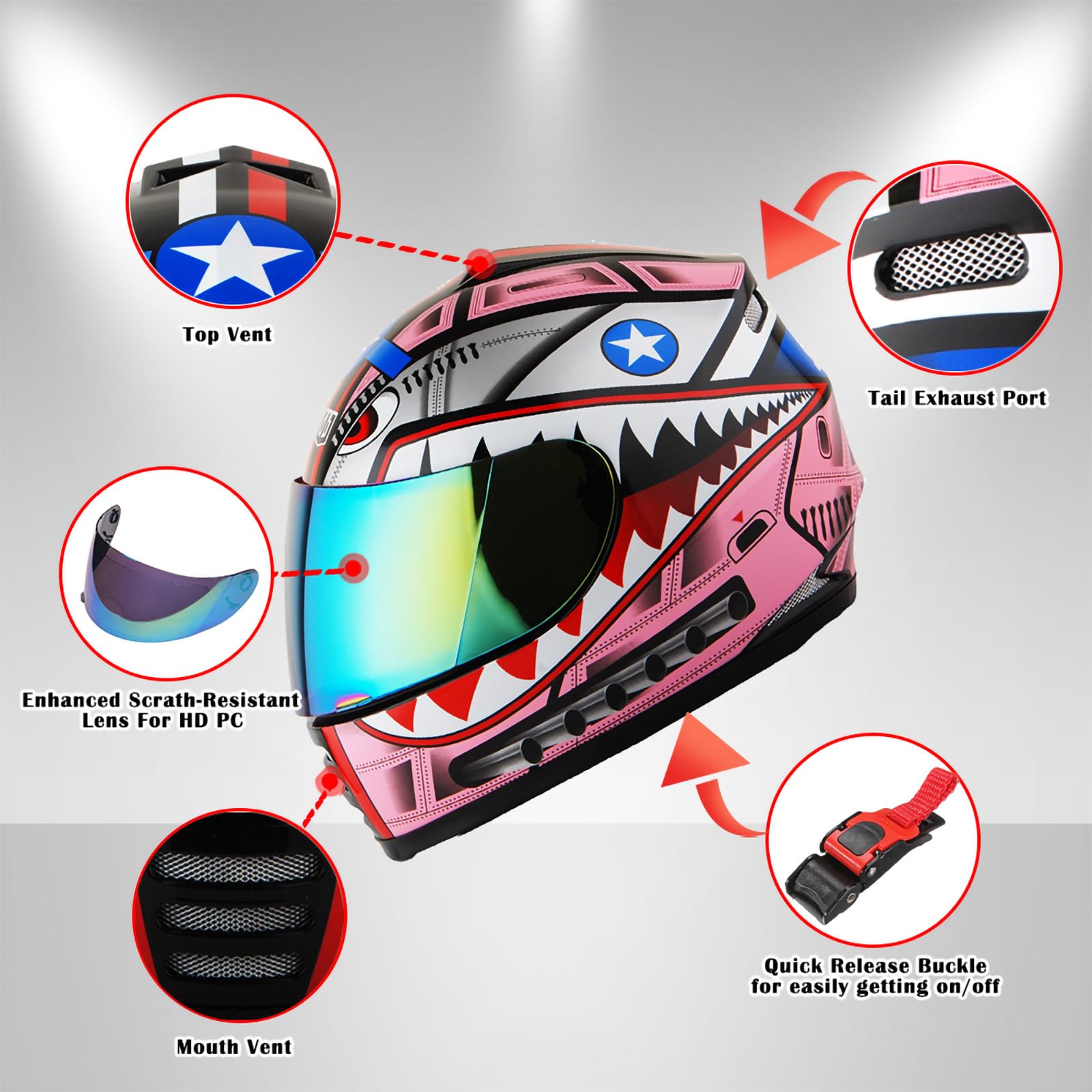 Wow Youth Motorcycle Full Face Helmet Street Bike Bmx Mx Kids Shark Pink + Mx Skeleton Glove Bundle