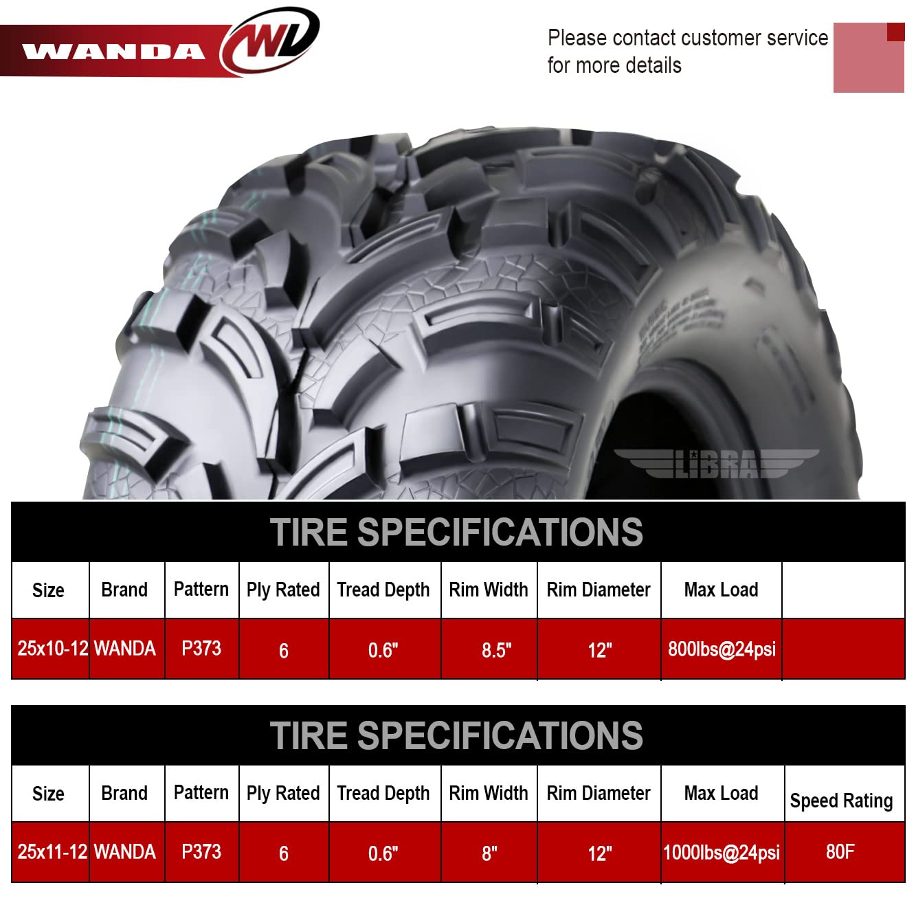 Wanda Set Of 4 New Atv/Utv Tires 25X10-12 Front & 25X11-12 Rear /6Pr P373 High Load Tires...