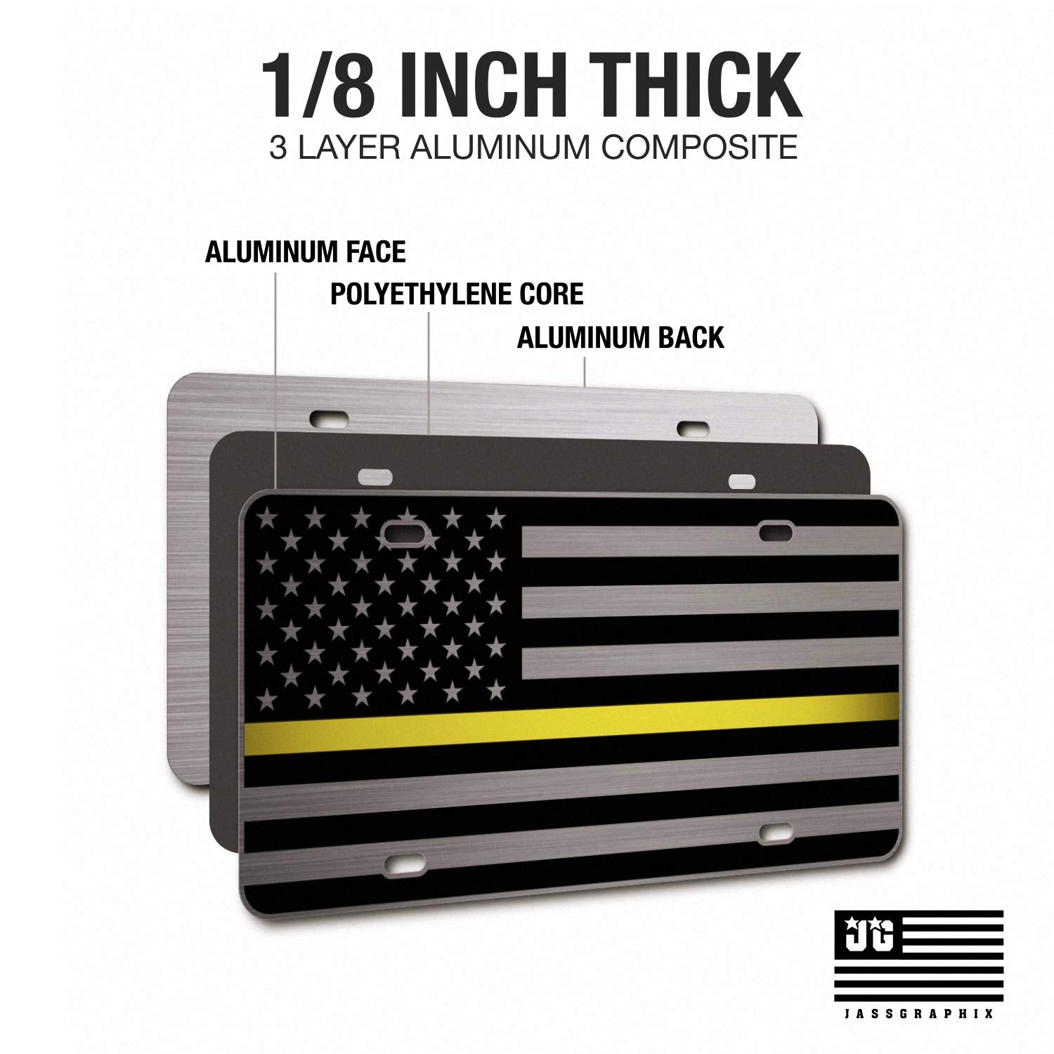 Jass Graphix Dispatcher Thin Yellow Line American Flag License Plate Matte Black On 1/8'' Brushed Aluminum Composite Heavy Duty