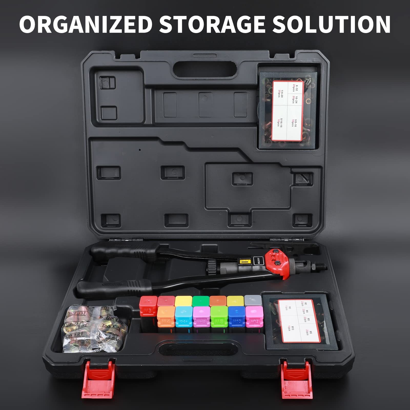 Aiuitio 16 Rivet Nut Tool, Rivnut Tool Kit With 13 Metric And Sae Mandrels, Nutsert Rivet Tool Set With 200Pcs Rivnuts, Threaded Insert Hand Riveter With Rugged Carrying Case