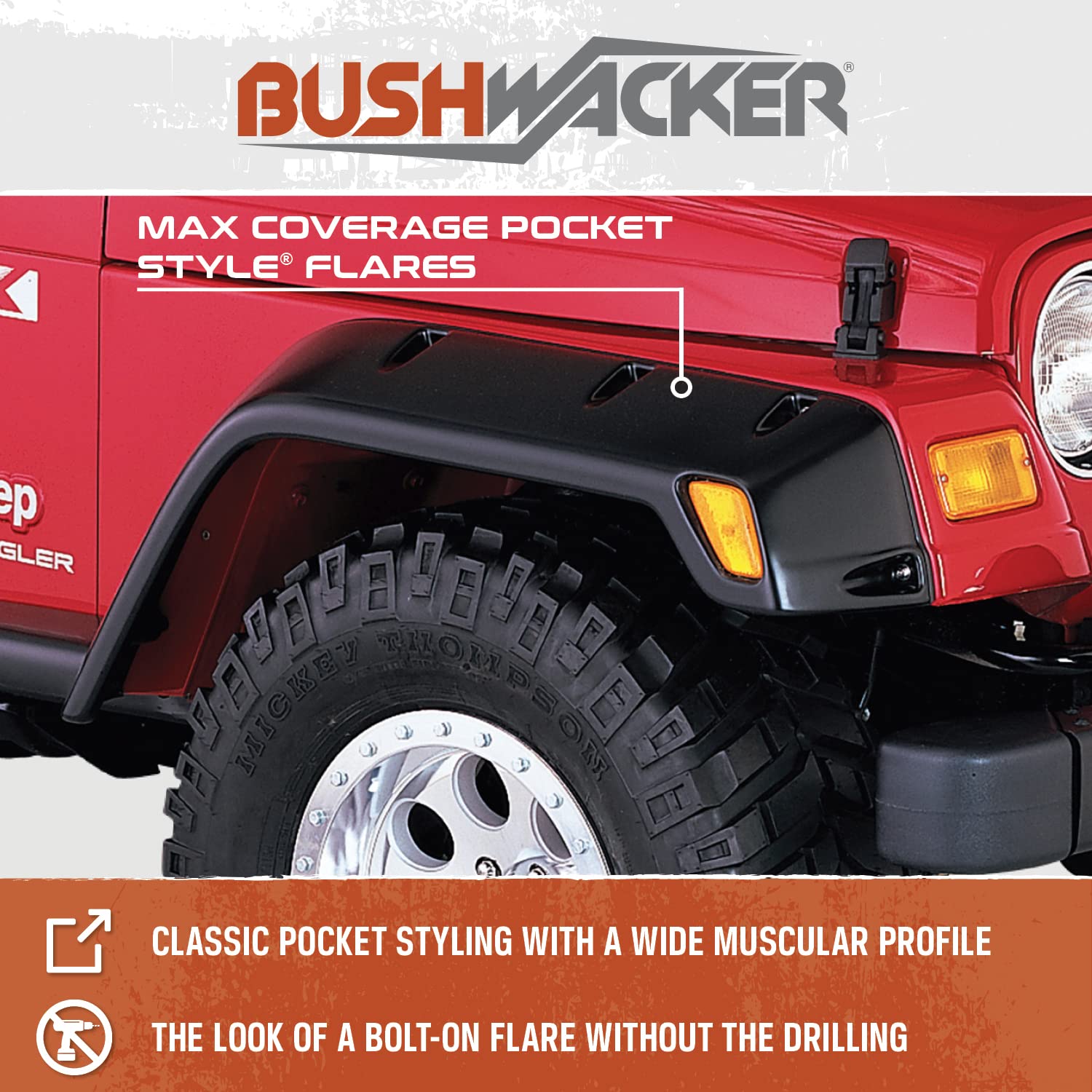 Bushwacker Max Coverage Pocket/Rivet Style Rear Fender Flares | 2-Piece Set, Black, Textured Finish | 10046-02 | Fits 2007-2018 Jeep Wrangler Jk Unlimited