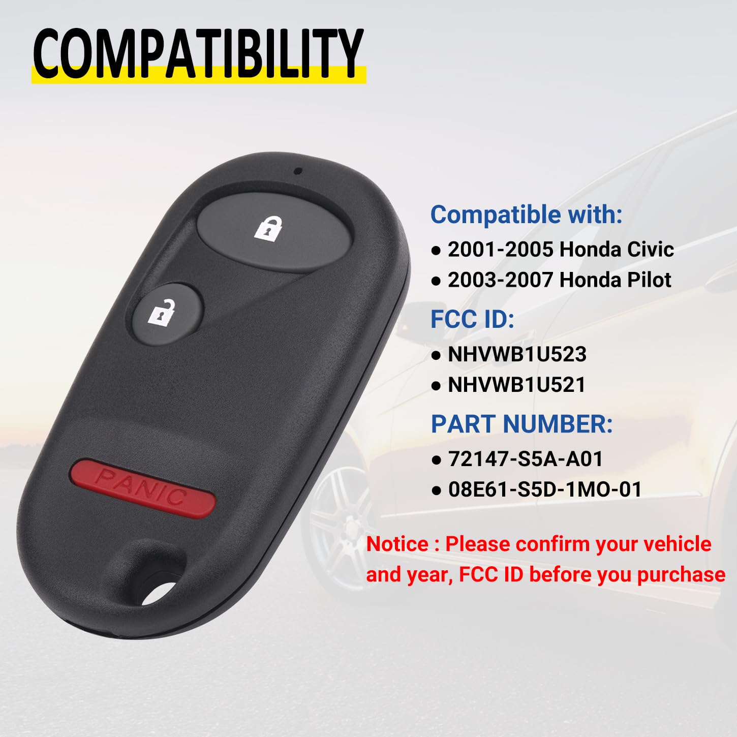 Vurkcy Keyless Entry Remote Car Key Fob Fits Honda Pilot 2003 2004 2005 2006 2007/ Honda Civic Ex Lx Dx 2001 2002 2003 2004 2005