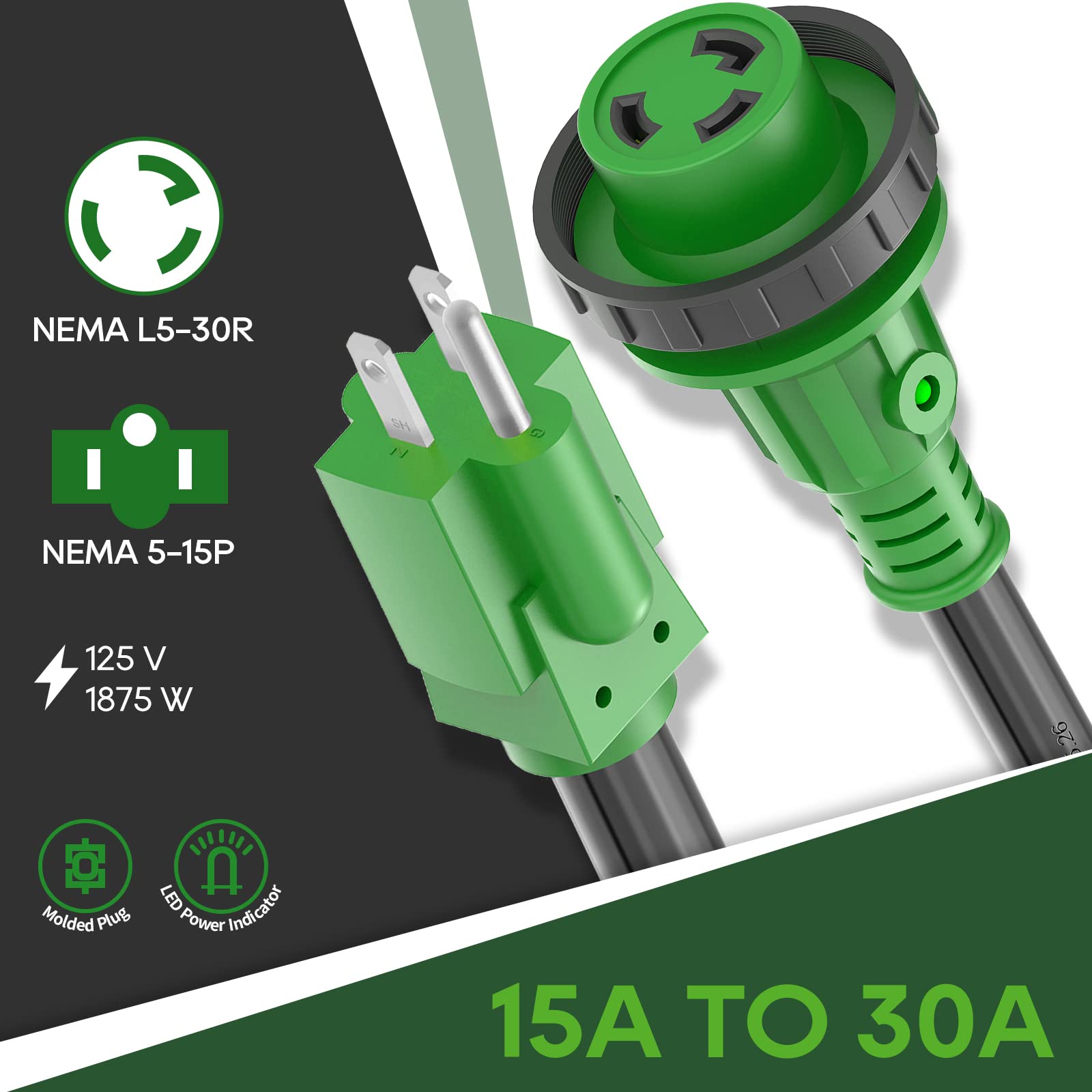 Rvguard 30 Amp To 110 Volt Rv Adapter Cord With Locking Connector 12 Inch, Nema 5-15P To Nema L5-30R Electrical Power Adapter Wi