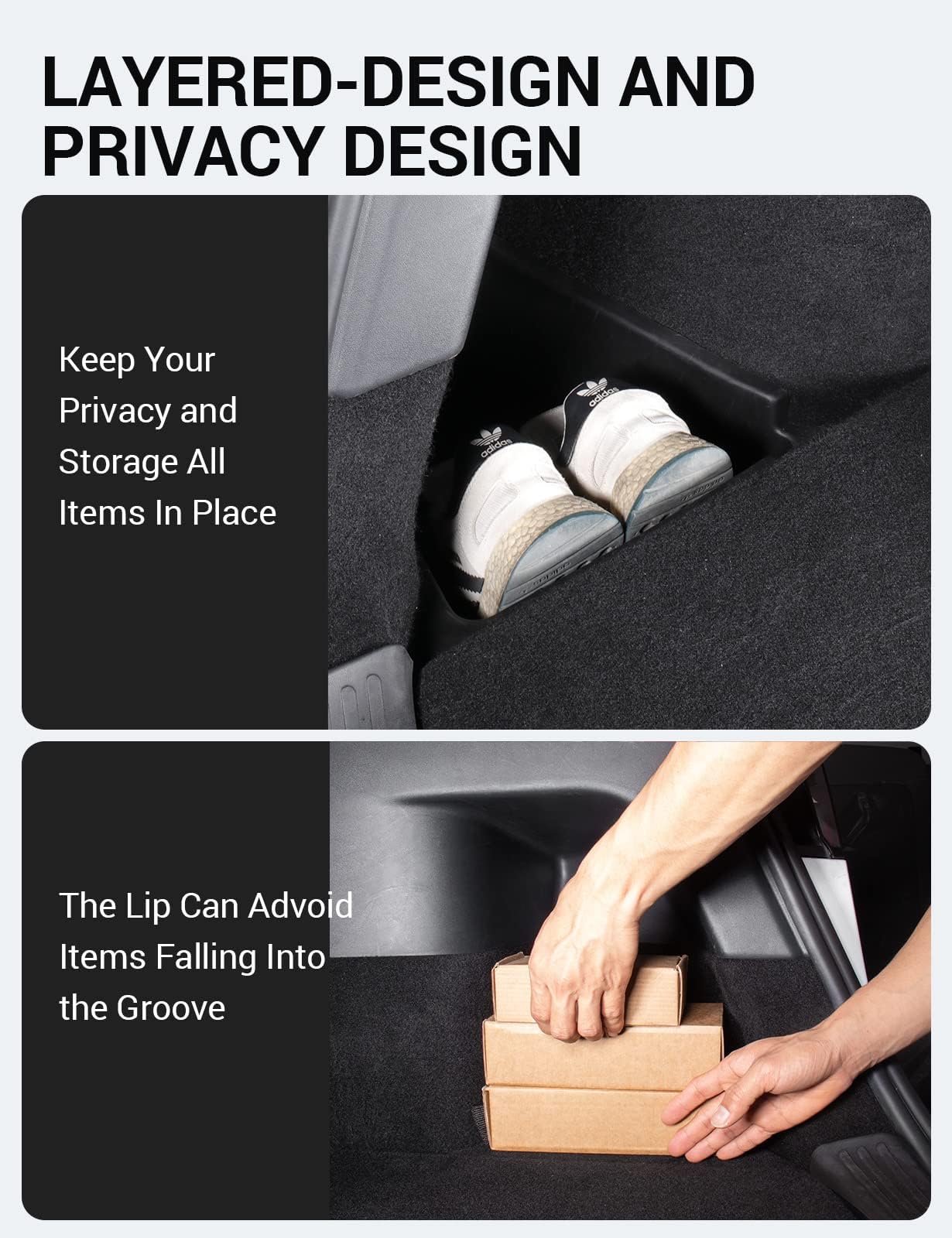 Basenor 2020 2021 Tesla Model Y Trunk Organizer, Waterproof Rear Trunk Storage Bins Side Box With Carpeted Lip Interior Accessor