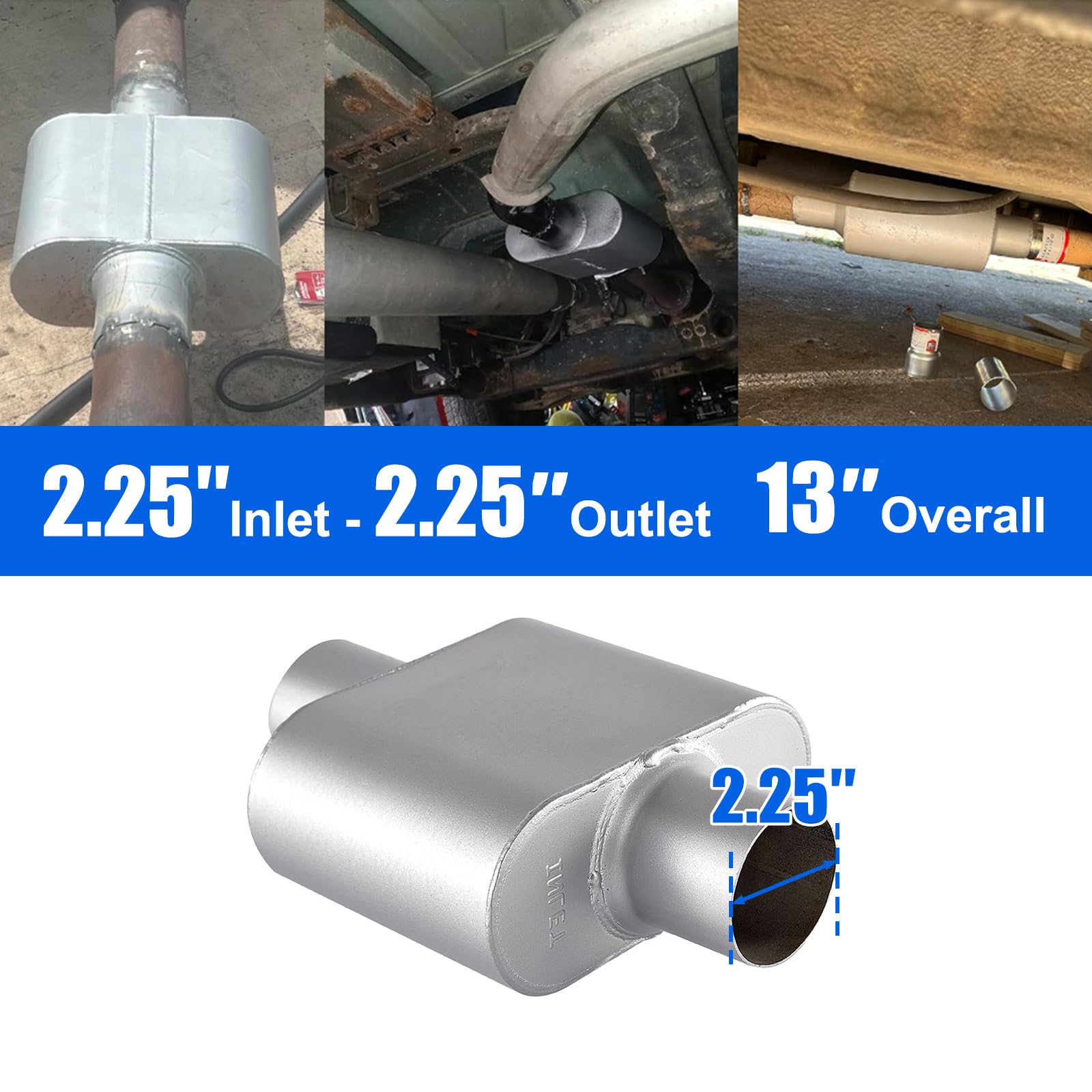 Floshine Universal Mufflers,Performance Automotive Exhaust Muffler,Single Chamber 2.25 Inch Inlet/2.25 Inch Outlet Fh4225109
