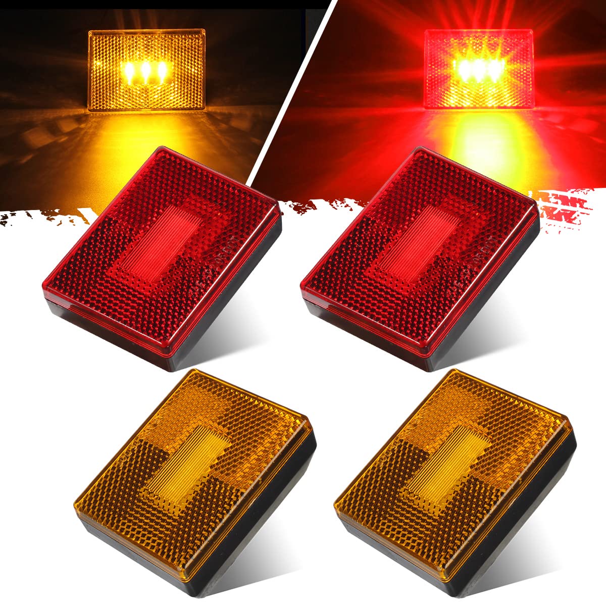 Partsam 4 Pcs(2Amber 2Red) Square Led Trailer Clearance Side Marker Light With Reflector Stud Mount 3Led, 2-4/5'' Rectangular Le