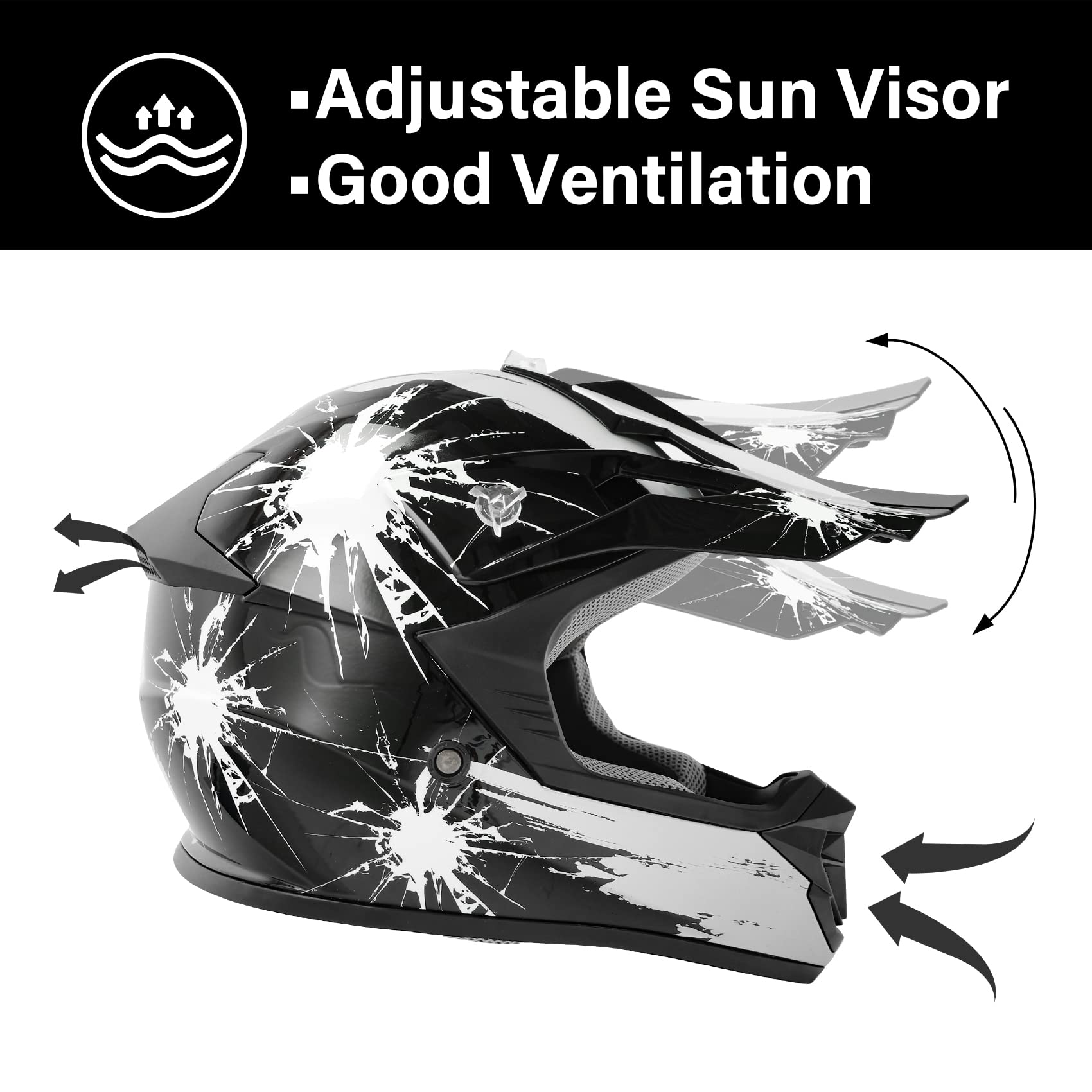 Xfmt Dot Youth Kids Motocross Offroad Street Dirt Bike Helmet Goggles Gloves Atv Mx Helmet, Black White Firework