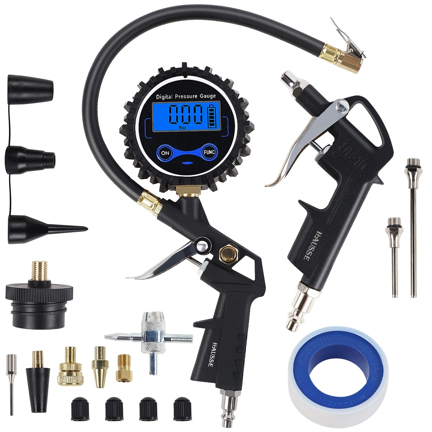 Hausse Heavy Duty Compressor Accessory Kit - Digital Tire Pressure Gauge with Inflator, Blow Gun and Hose Fittings, 1/4'' NPT Ai
