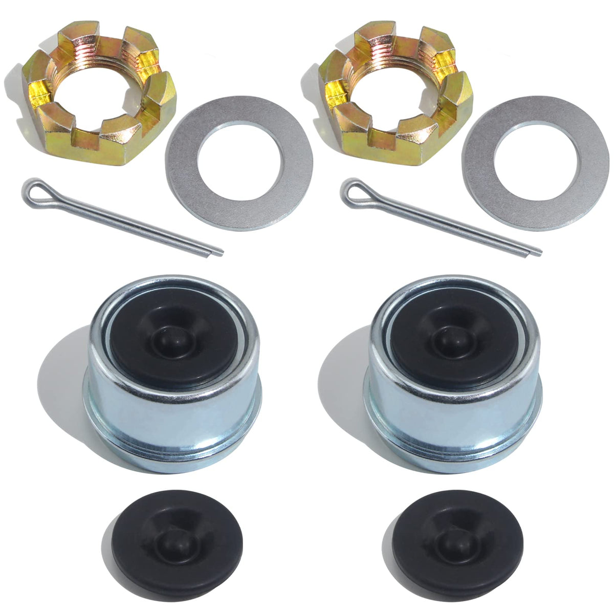 Grepspud 2Sets 1'' Trailer Axle Nut Kits 1'' Spindle Castle Nuts Set With 1'' Washers, 2.3'' Long Cotter Pins, 1.98'' Dust Caps
