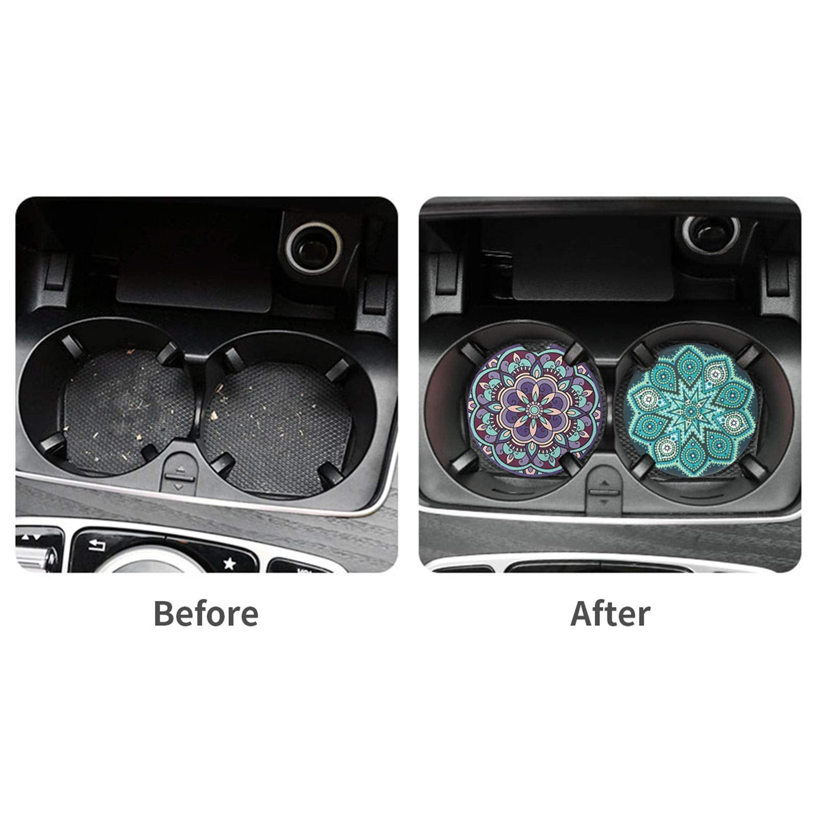 Vaincre 4 Pack 2.56'' Car Coasters For Drinks Absorbent, Mandala Ceramic Cup Holder Coaster For Your Car With Fingertip Grip, Re