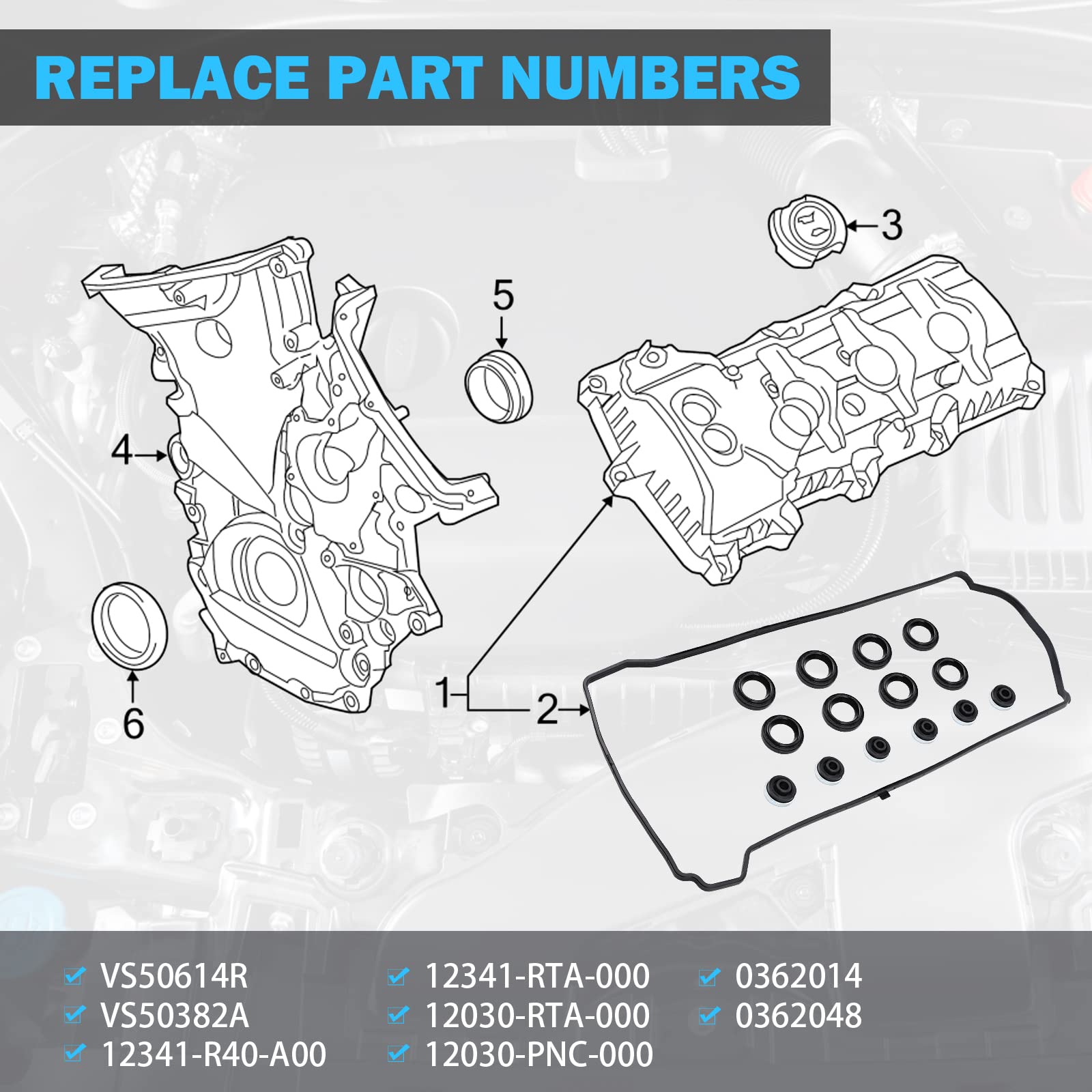 Valve Cover Gasket Set - Compatible with 2.0L 2.3L 2.4L 2002-2015 Honda Accord, Civic, CR-V, Element, Crosstour, Acura CSX, ILX,
