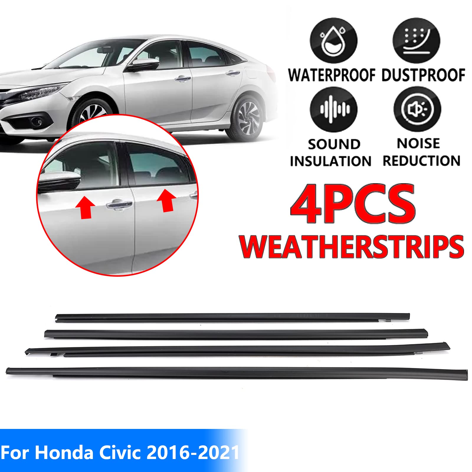 Geataat 4Pcs Weatherstrip Window Moulding Trim Seal Belt Compatible With 2016-2021 Honda Civic 4 Door Sedan