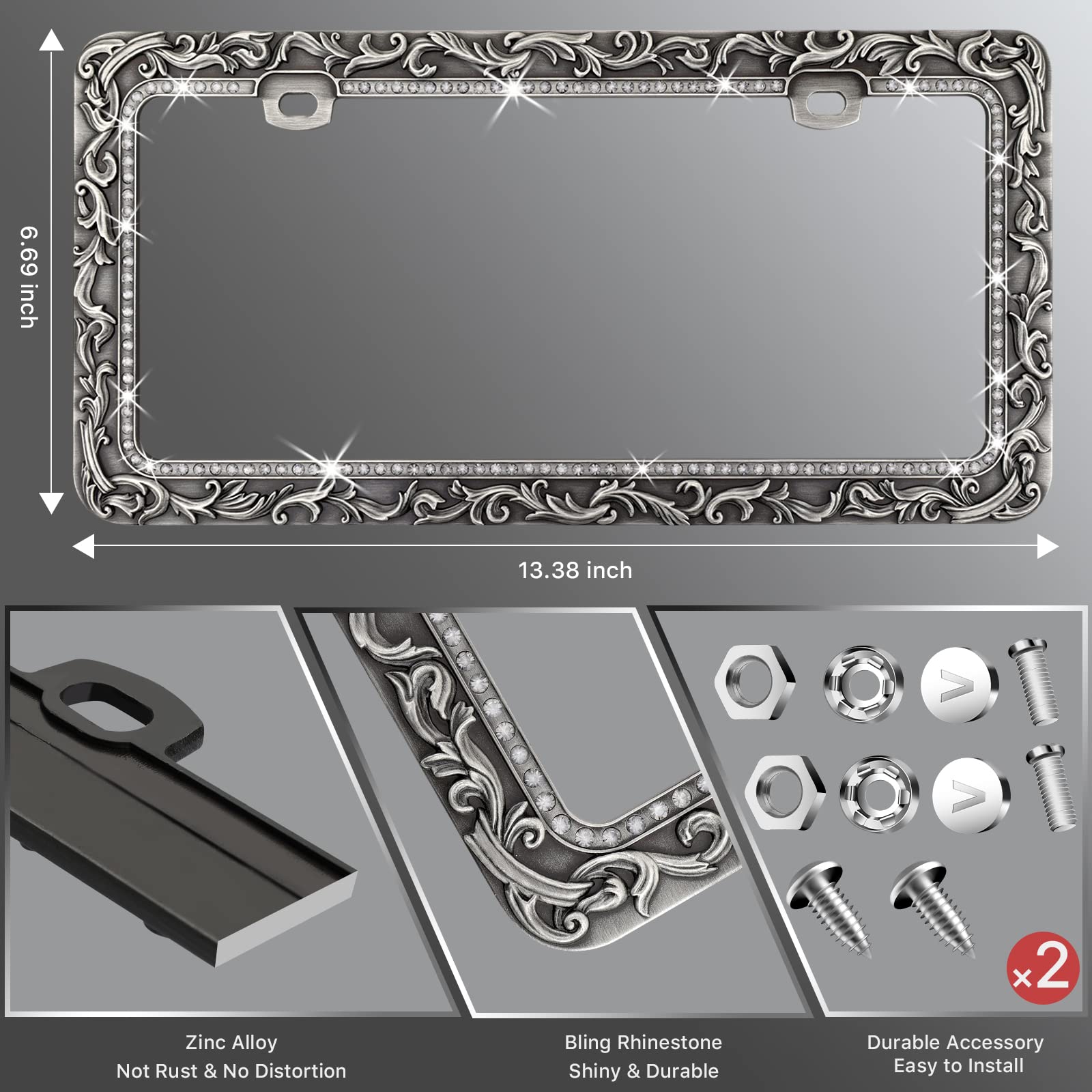 Valor Metal Car License Plate Frames,Antique Old Pattern Printing, Bling Crystal Rhinestones Inlaid,Universal 2 Holes Automotive
