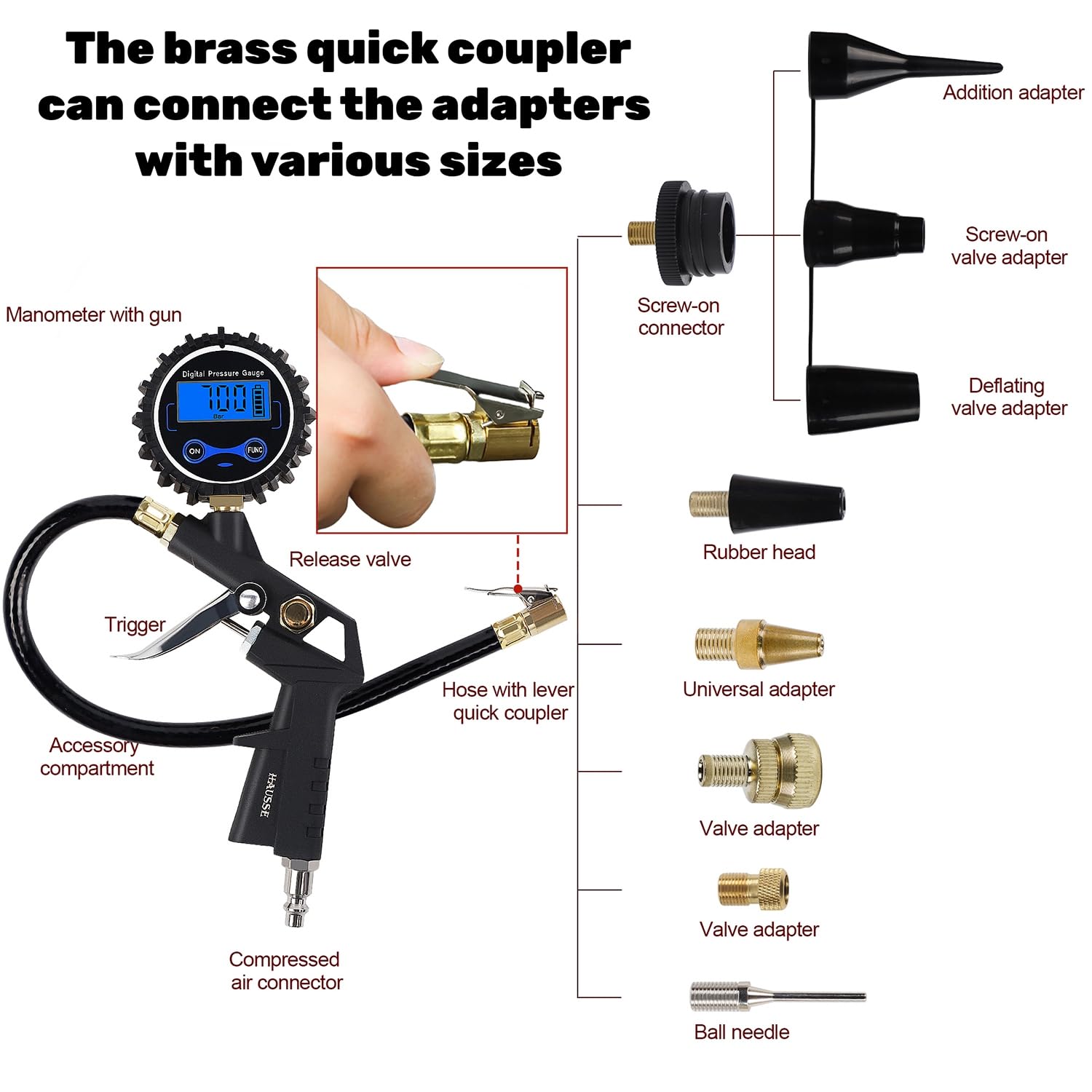 Hausse Heavy Duty Compressor Accessory Kit - Digital Tire Pressure Gauge with Inflator, Blow Gun and Hose Fittings, 1/4'' NPT Ai