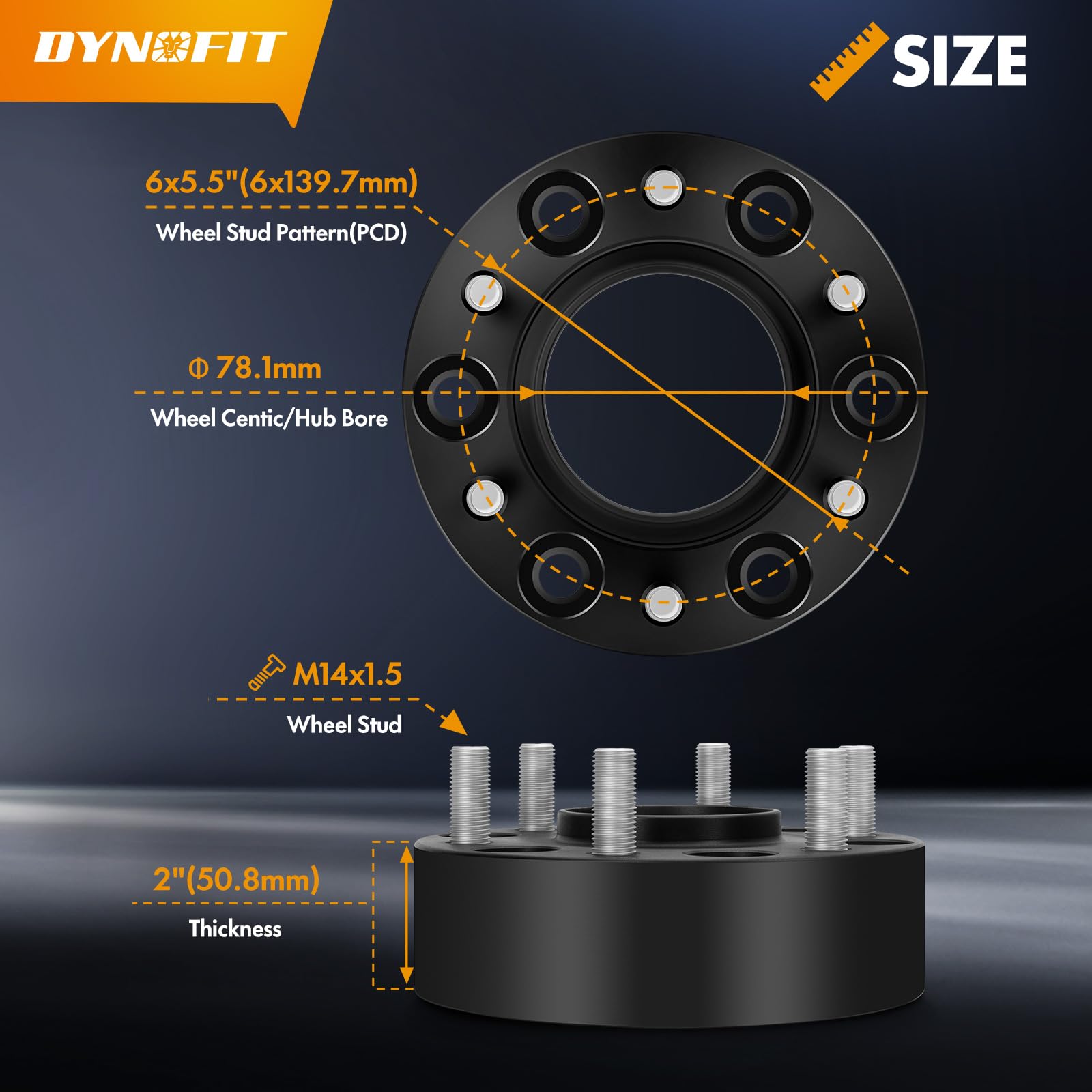 dynofit 2 inch 6x5.5 Wheel Spacers for Silverado GMC Sierra 1500 Yukon XL Avalanche,2pcs 6x139.7 M14x1.5 Studs 78.1mm Bore Hubce