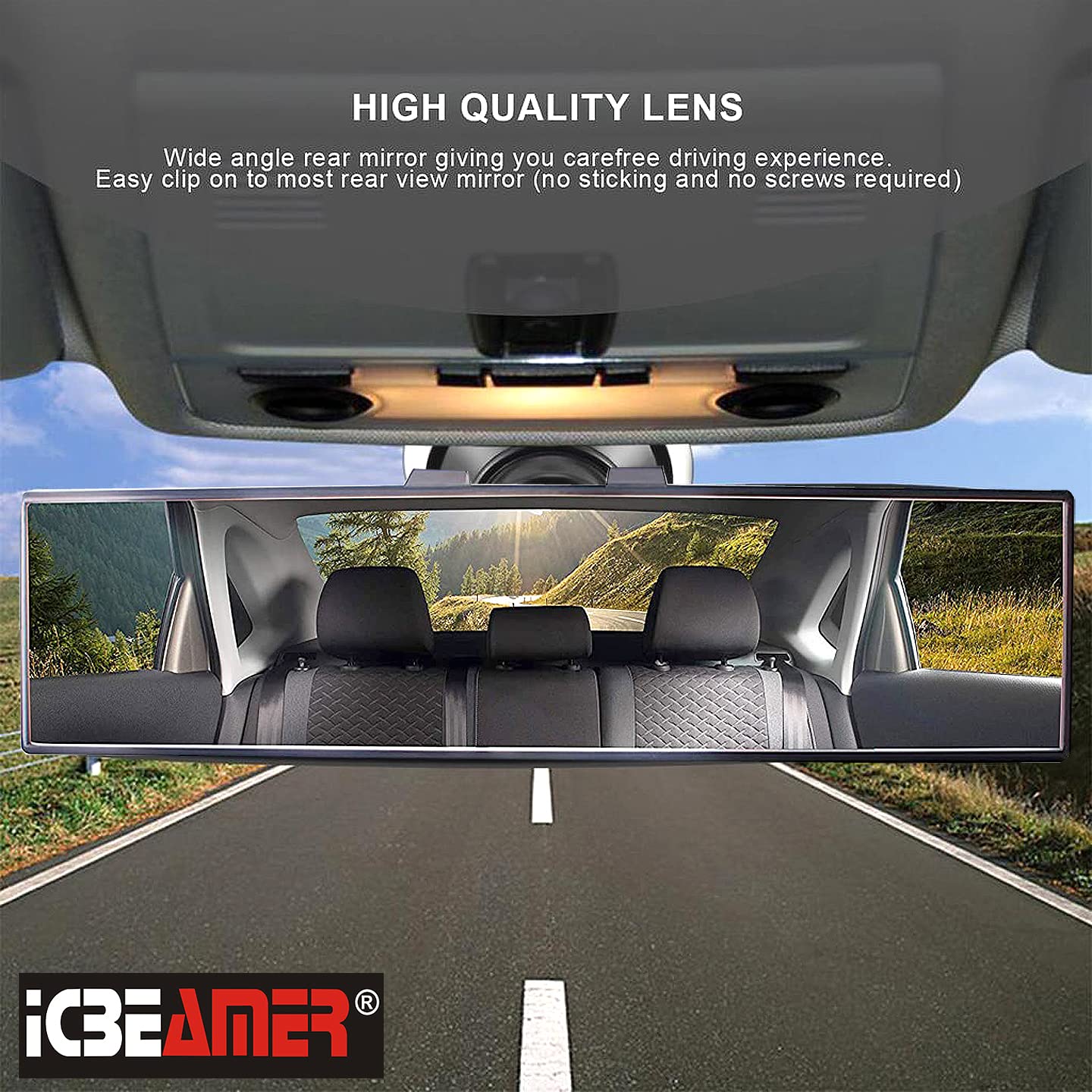 Icbeamer 9.4'' 240Mm Easy Clip On Universal Fit Wide Angle Panoramic Auto Interior Rearview Mirror ''Flat Clear Surface''