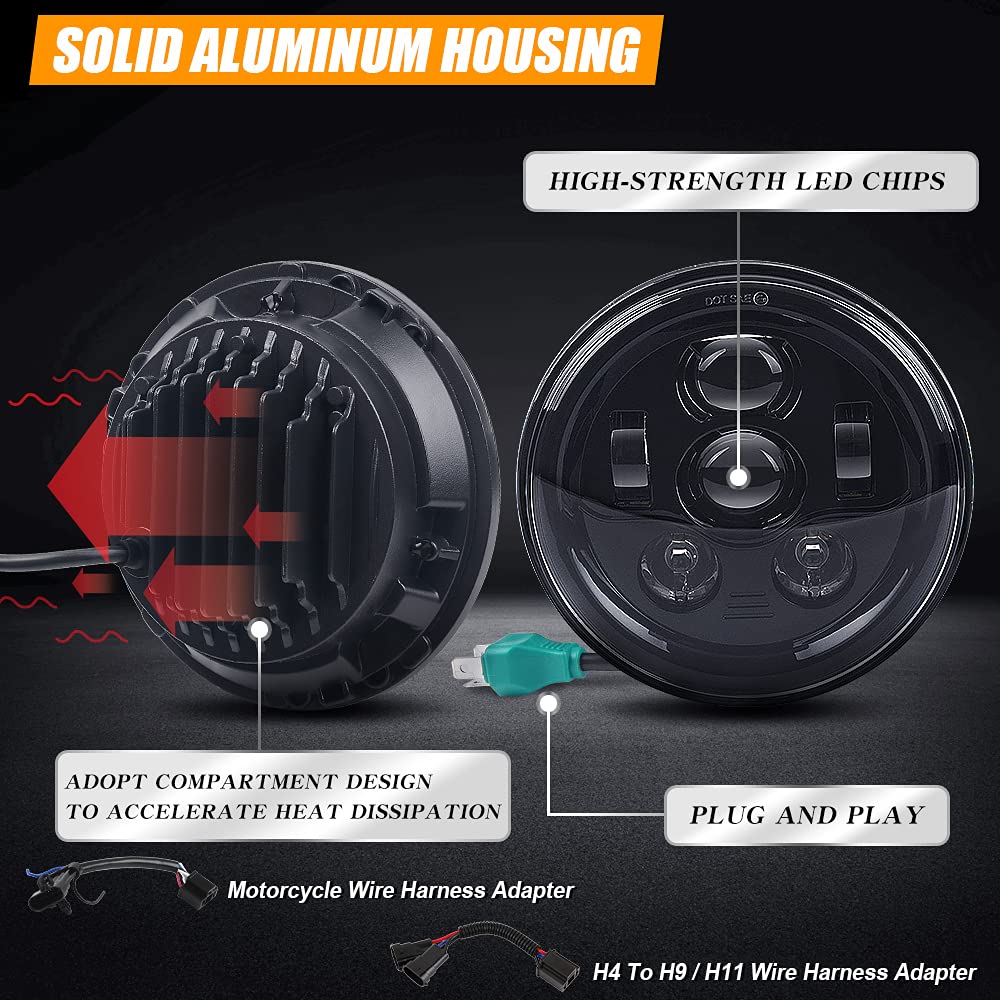 Tugwuetlwu 7 Inch Led Motorcycle Headlight Compatible With Harley Davidson Street Glide Road King Accessories Electra Glide Fat