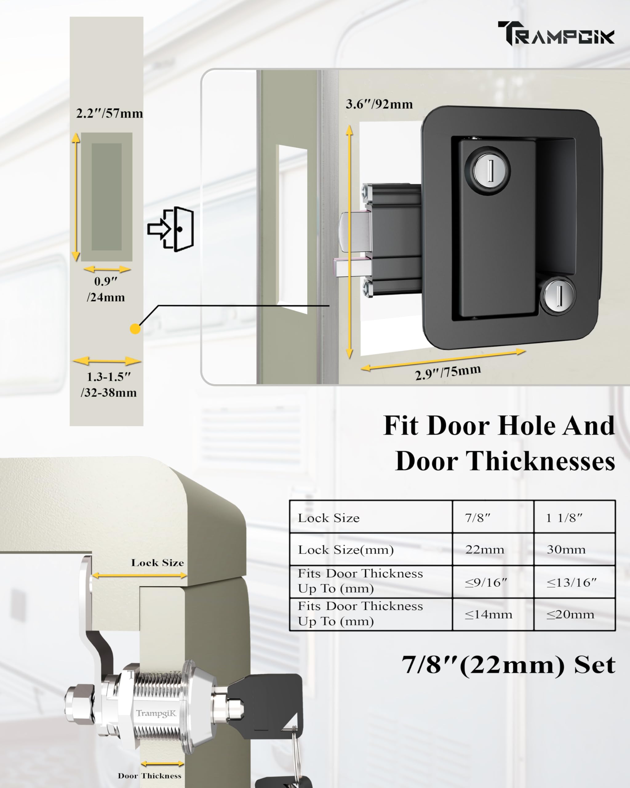 Trampgik Rv Door Lock Set, For Camper,Travel Trailer Entrance Front Door,1 Plastic Camper Door Lock + 2Pcs Storage Locks, 7/8 In